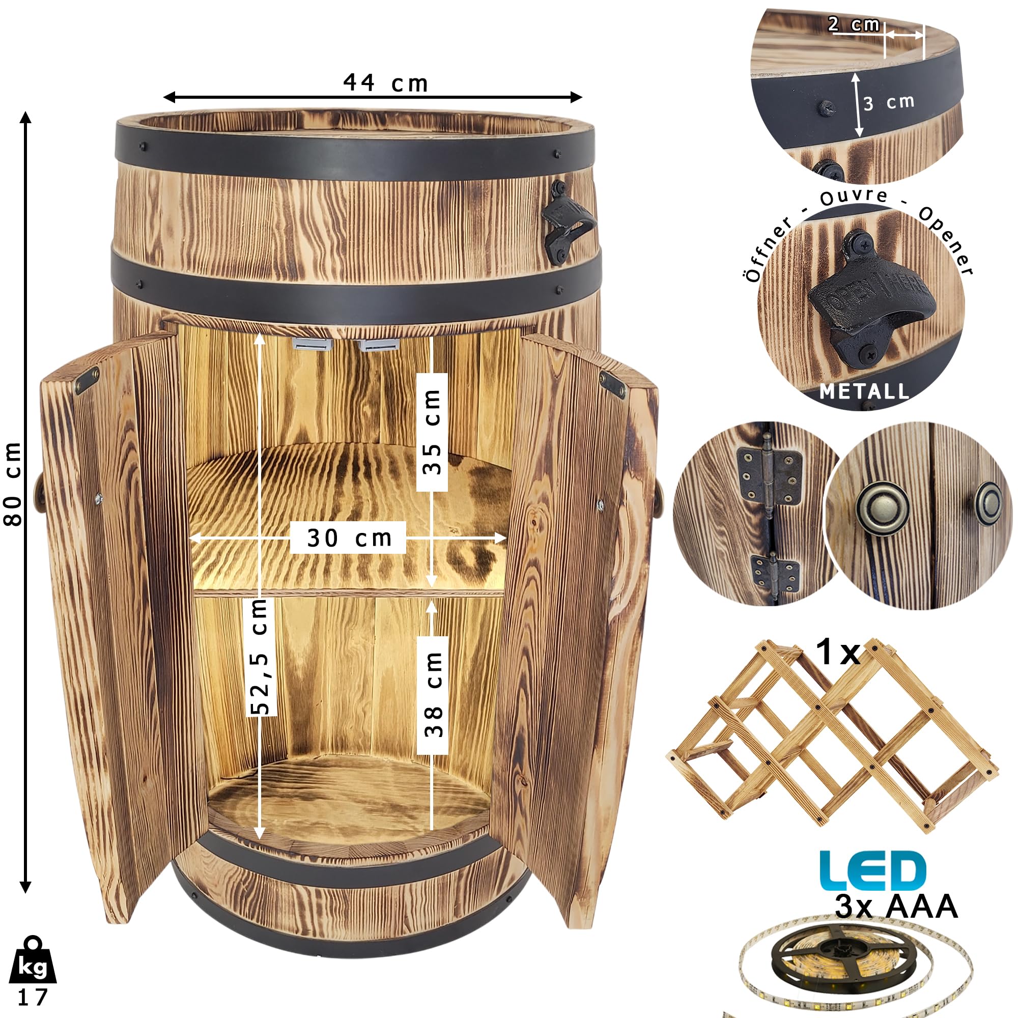 weeco Barril de madera con puertas, bar con iluminación LED, funciona con pilas, soporte para botellas de vino plegable, armario rústico para botellas de alcohol, 80 x 50 x 44 cm
