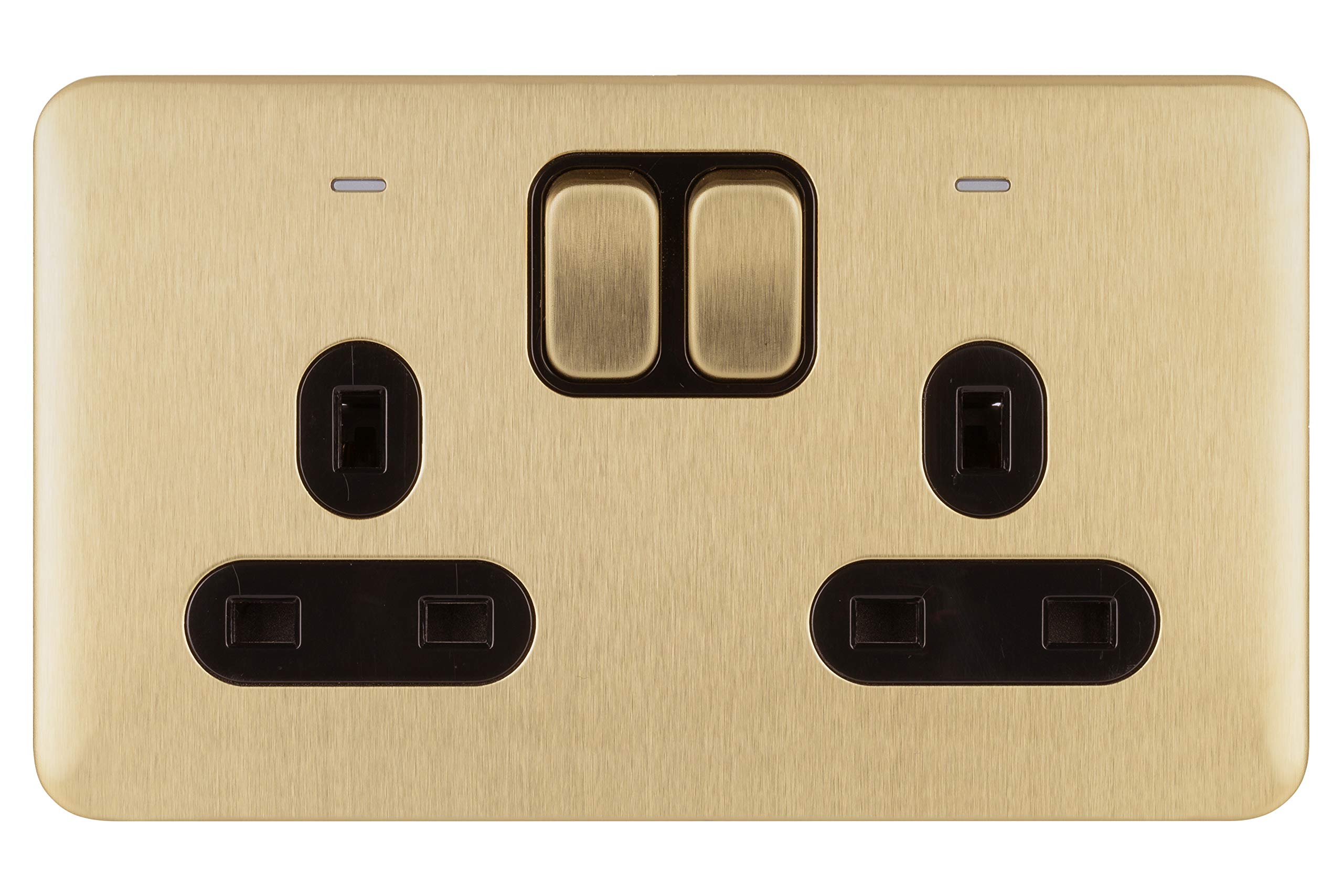 Schneider Electric Lisse Screwless Deco - Switched Double Power Socket, Double Pole, with Neon Indicator, 13A, GGBL3021DBSB, Satin Brass with Black Insert