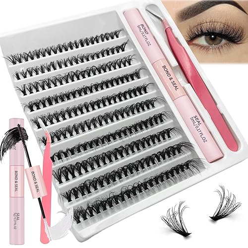 Kit de extensión de pestañas para bricolaje, 200 unidades, esponjosas, 40D, individuales, racimos con unión de pestañas y sello y aplicador de