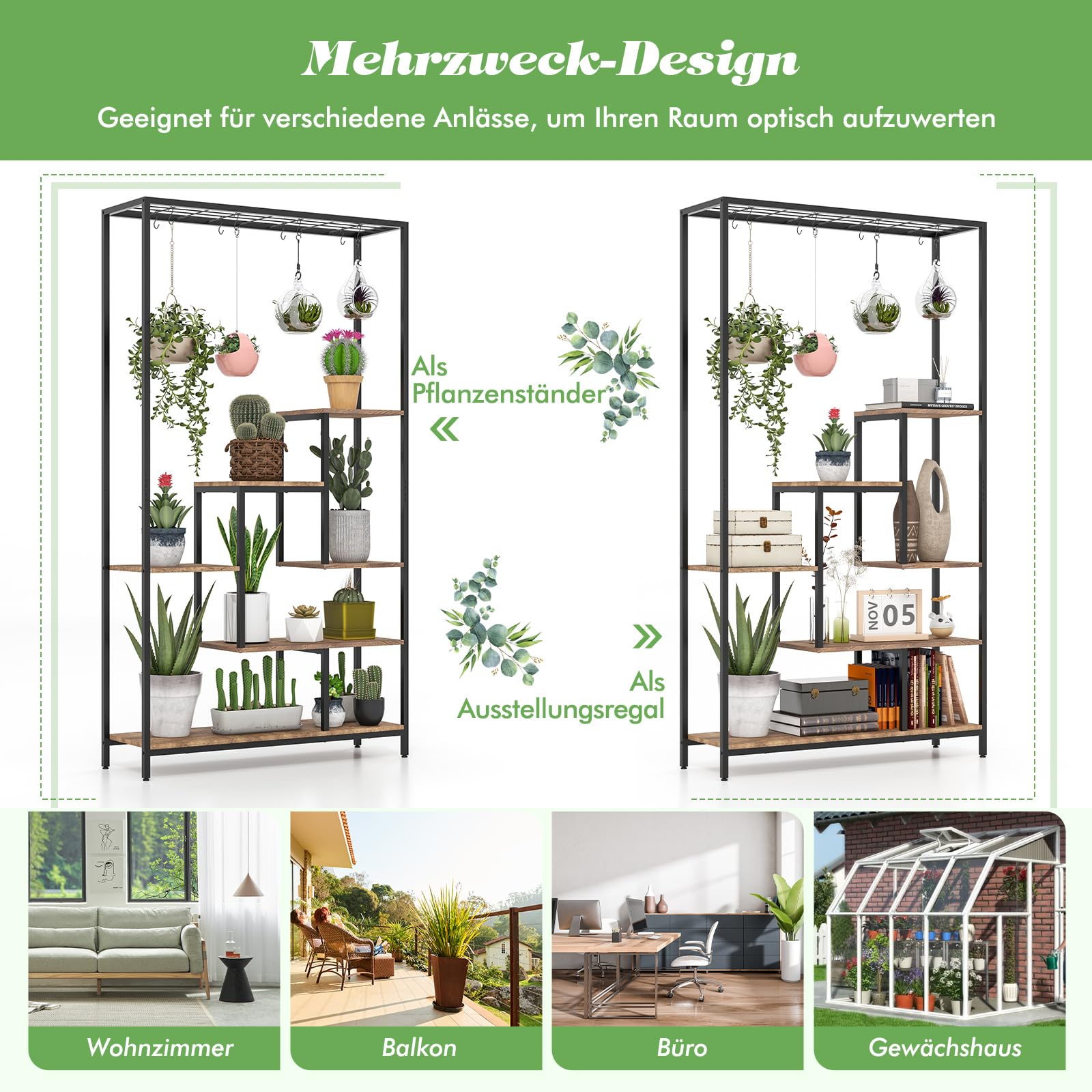 GOPLUS 6 Etagen Pflanzenständer, Pflanzenregal mit Hängeregal & 10 S-Haken, Blumenregal Blumenständer Blumentreppe für Wohnzimmer & Balkon, 100 x 30 x 180 cm (Rustikales Braun)