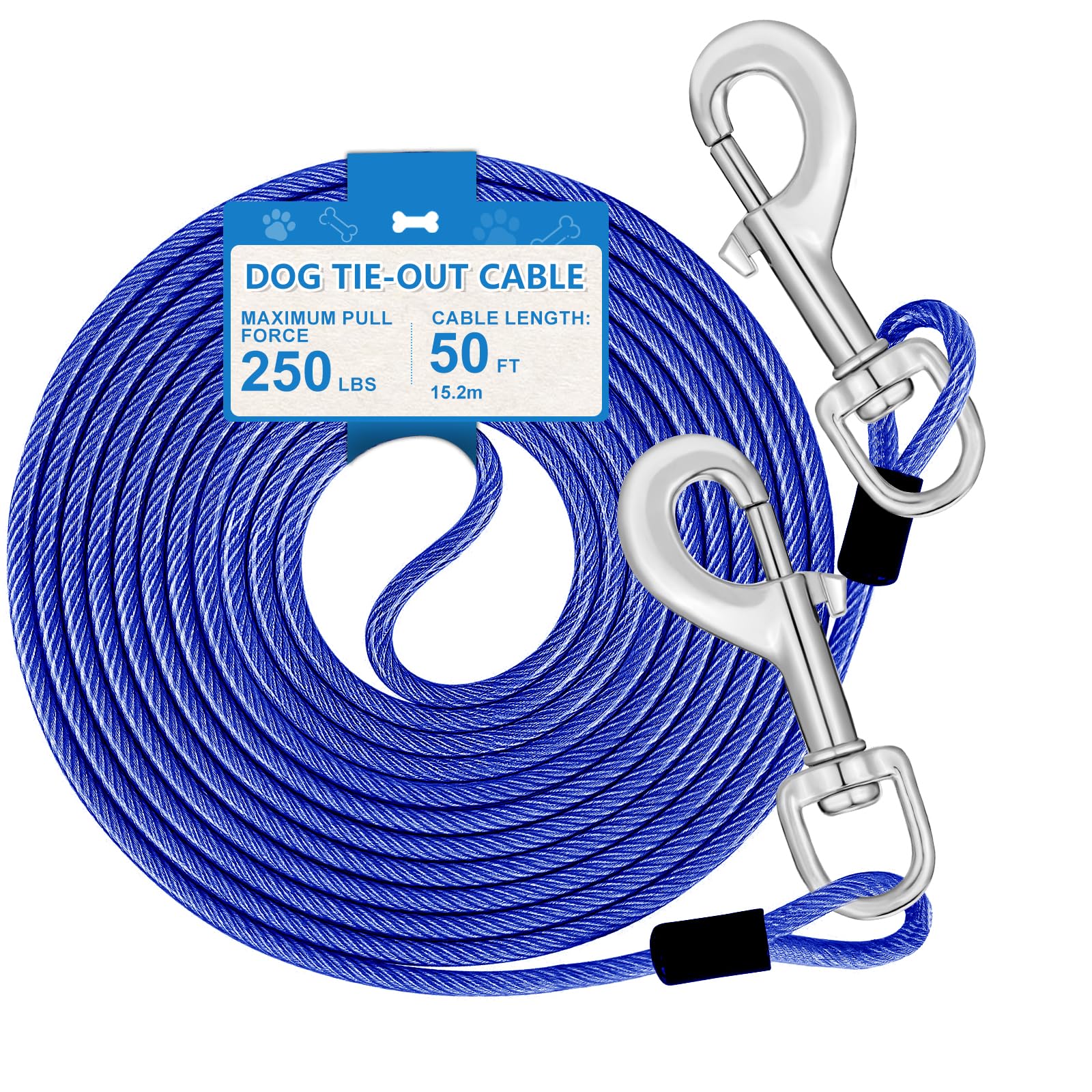 Tie Out Cable, 15/25/40/50 FT Runner Cable with Swivel Hook,Dog Leash Run Tether for Yard Outdoor and Camping,for Small to Medium Pets Up to 250 LBS（