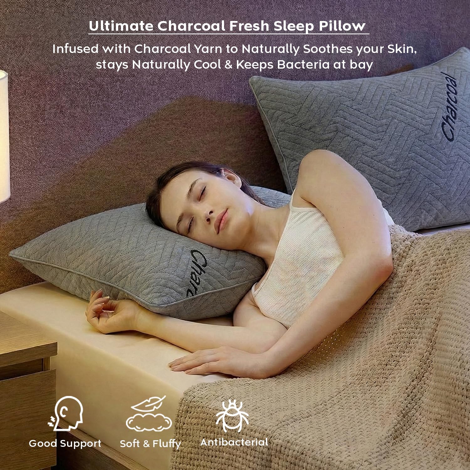 AYKA Premium Charcoal Pillow for Sleeping | Super Soft & Fluffy Bed Pillow | 100% Virgin Microfiber Filling | Breathable | Ideal for All Sleeping Positions | 17x27 Inch | Grey | Pack of 2 1