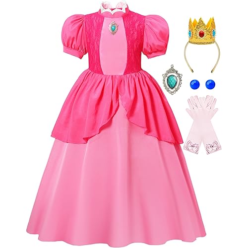 BOMLY Princess Peach Costume Dress Girls Kids Halloween Cosplay Costumes with Accessories for Toddlers 2t 3t 4t