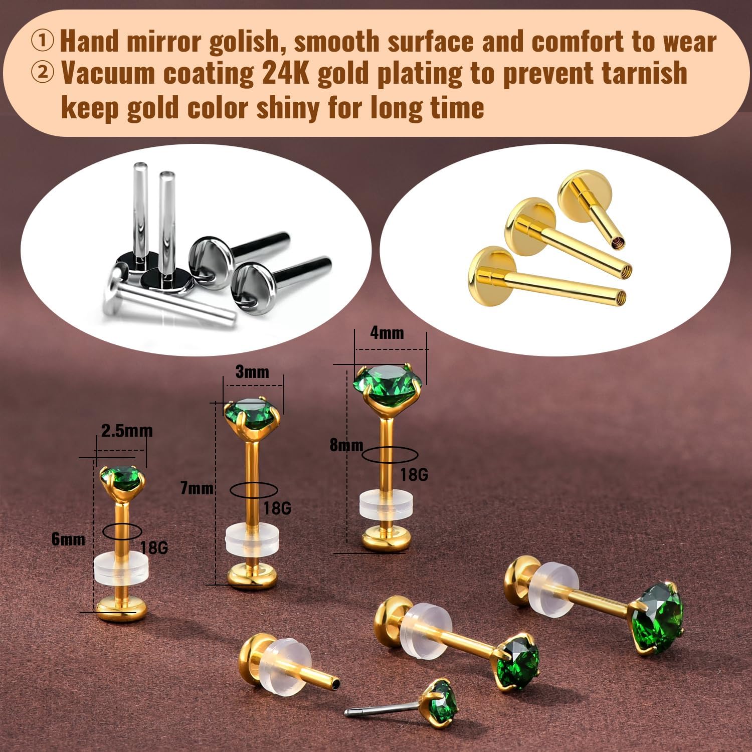 20G Flat Back Earrings Studs 18G Nose Rings 24K Gold Plating 3 Pairs Titanium Threadless 16G Cartilage Earrings for Women Men Tragus Conch Helix Medusa Lip Piercing Jewelry