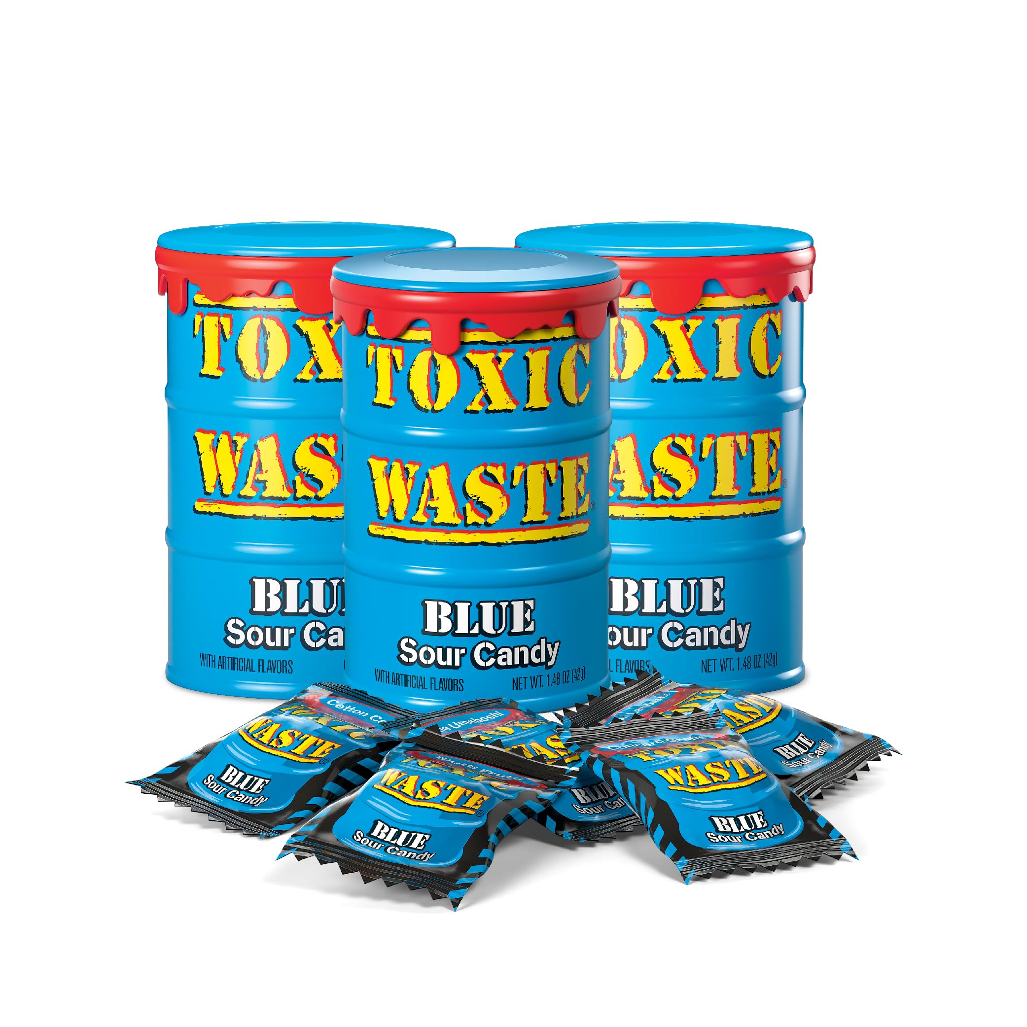 TOXIC WASTE - Hazardously Sour Candy Blue Drum - Blue Lemonade, Cotton Candy, Blutti Frutti, Concord Grape, & Umeboshi Flavors - 1.48 oz. Drums - 3 Pack