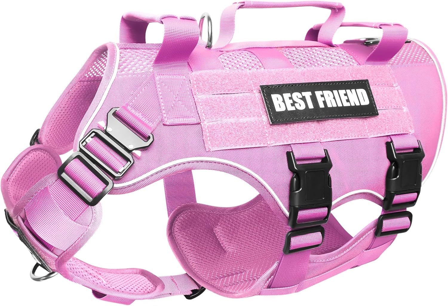 Tactical Dog Harness Medium Sized Dog with Metal Buckles,Breathable Air Mesh Service Dog Vest,Military Molle Harness with 3 Durable Handles for Training Hiking Hunting Working Pink M