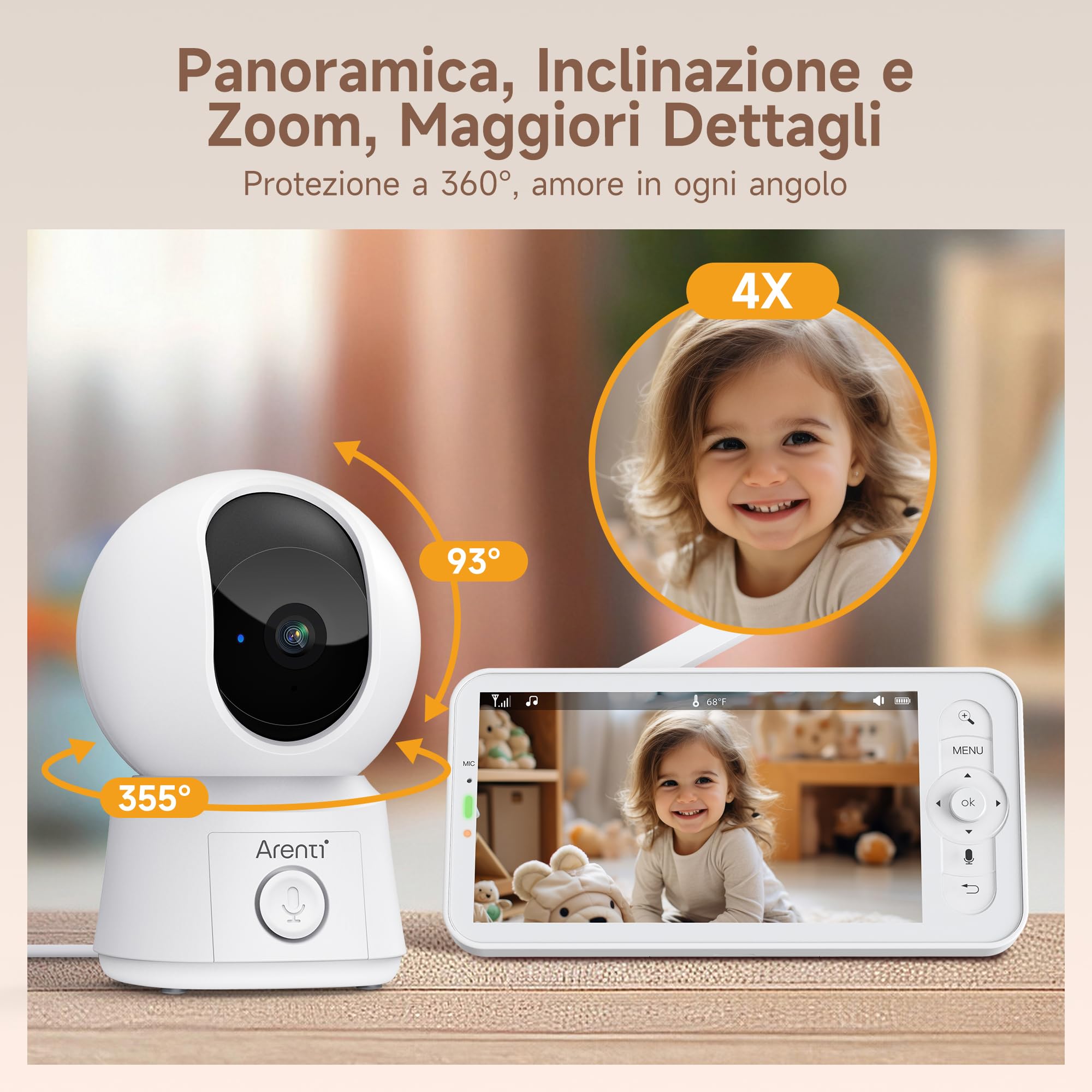 ARENTI Monitor Neonato con Videocamera Wifi 5" 360° PTZ 3350mAh Visione Notturna VOX Rilevamento Temperatura