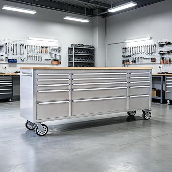 Solid Wood Top Workbench,72 Inch Rolling Tool Chest,Stainless Steel Tool Cabinet with 15 Drawers & Solid Wood Top,Mobile Workbench with Locking Wheels & Power Outlets for Garage Workshop