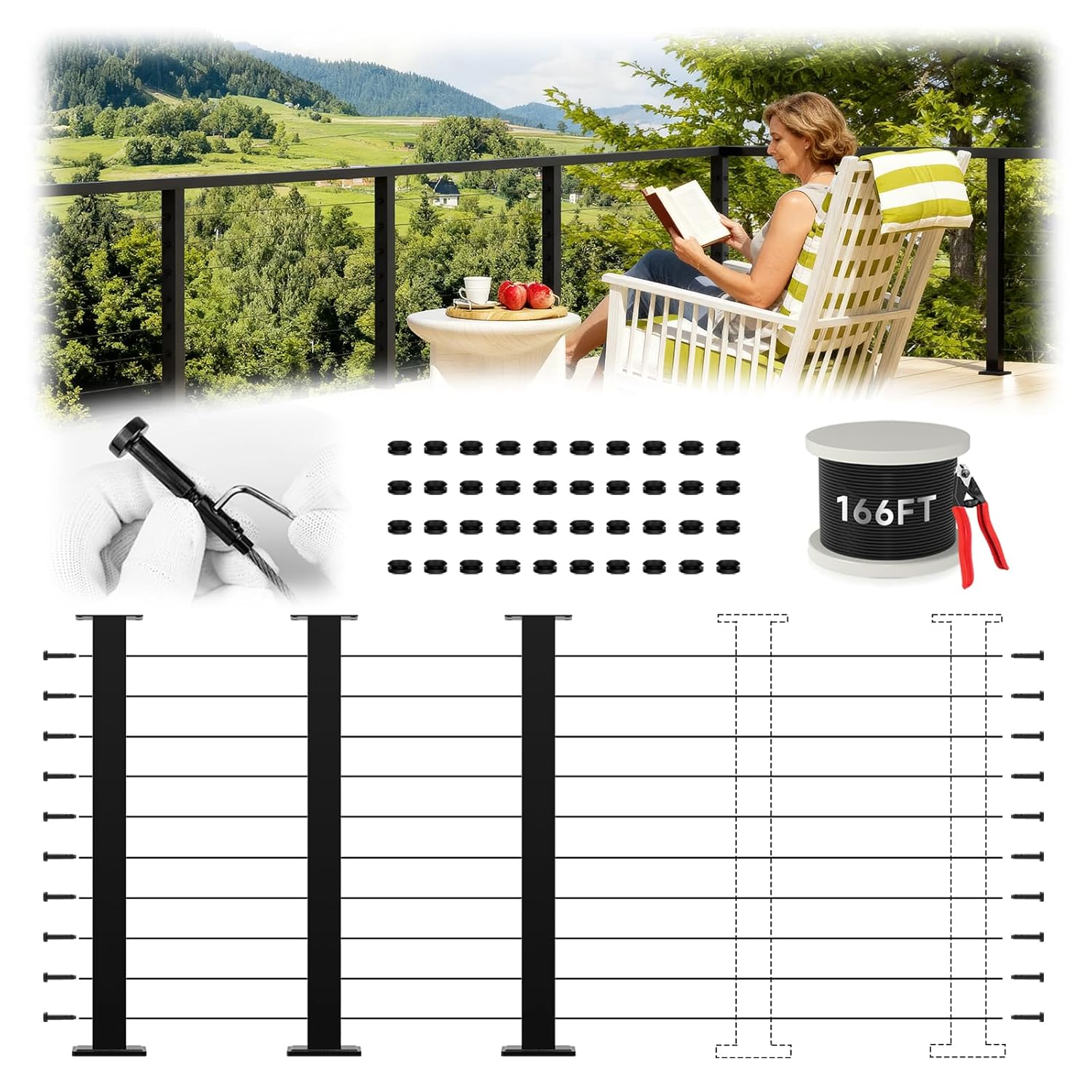 36\" 8–16FT Economical Black Cable Railing System Post Kit with 3 Level Posts, T304 Stainless Steel, Patent Swageless Reusable Cable Railing Kit, Upgraded Powder Coated for Outdoor Decks 36\" Level Post Kit -3 Pack 1 INCOMPLETE