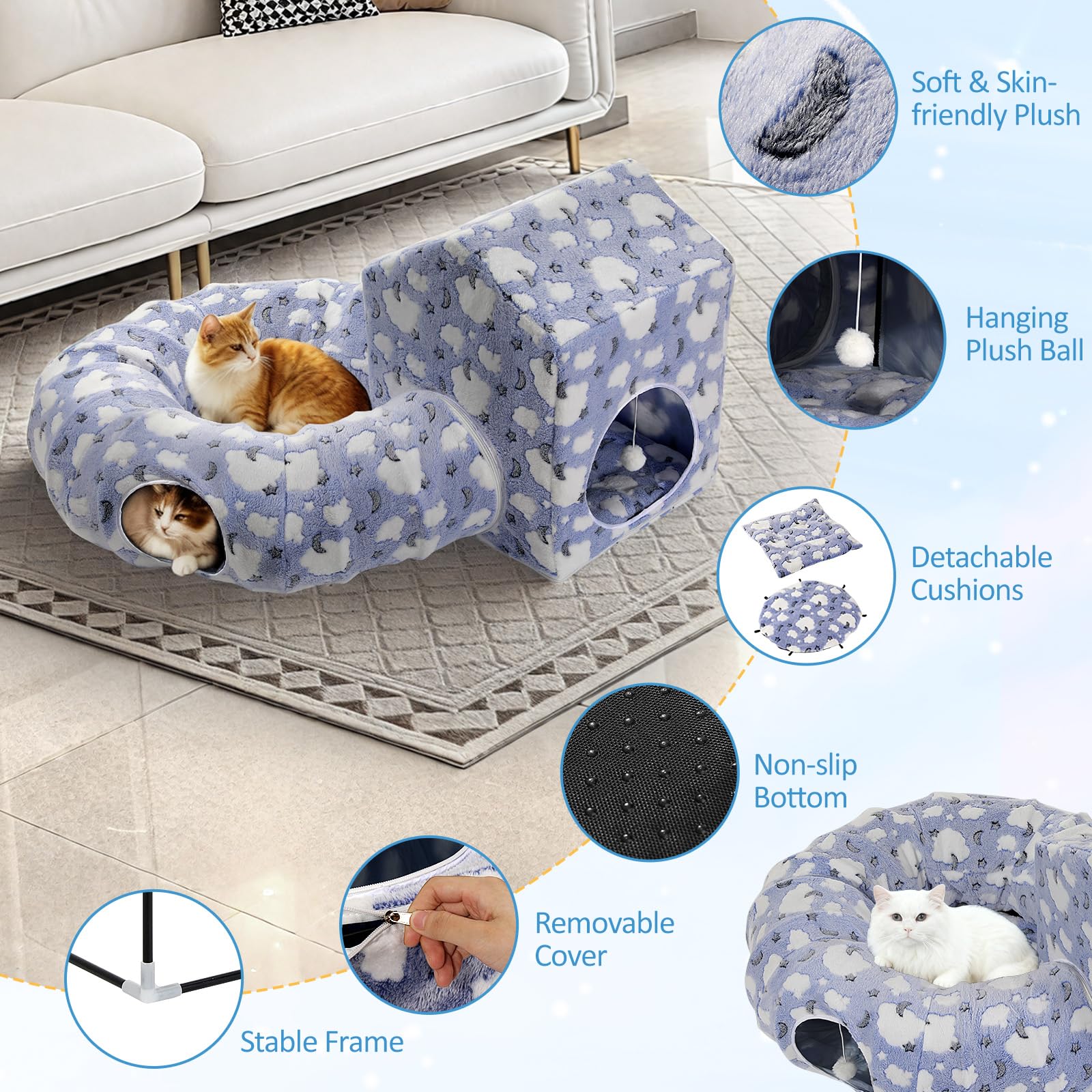 Pawaboo Letto a Tunnel per Gatti, Tubo a Ciambella per Gatti con Casetta Quadrata, Tunnel Morbidi in Peluche con Cuscini Lavabili, Nascondiglio Pieghevole per Gattini con Palline Morbide, Indaco