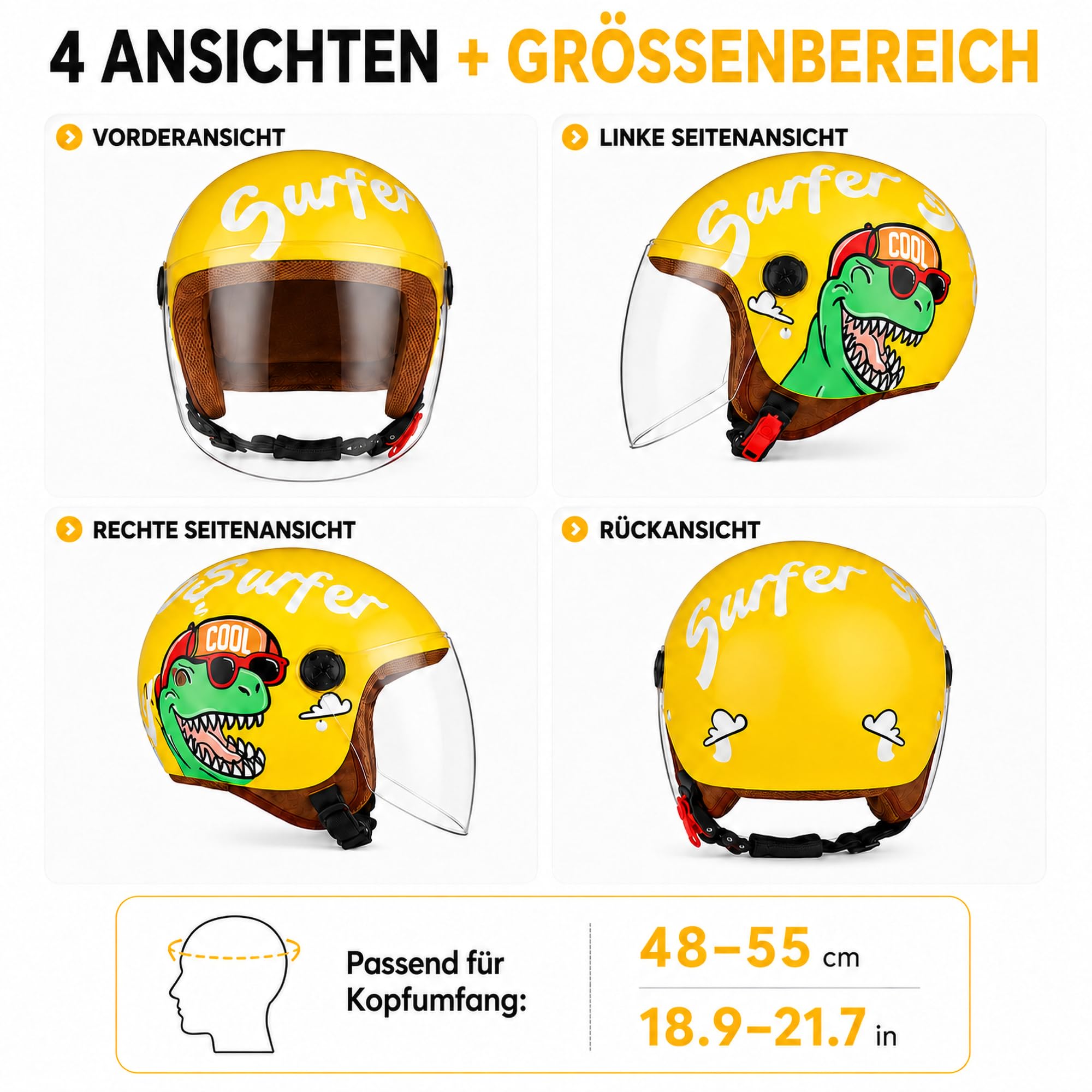 FREEUP Motorradhelm Kinder Mädchen Junge, Kid Jet Helm mit Visier, Dinosaurier Mofa Helm Kids Scooter Fahrradhelm, Schnellverschluss, Herausnehmbar, Waschbar, 48-55cm, Gelb