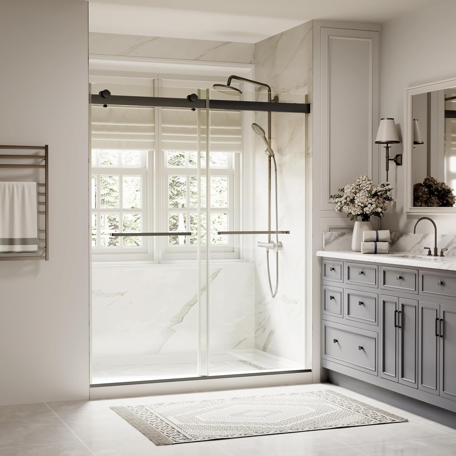 ACE DECOR Frameless Shower Door with Soft Close System, 44-48" W x 74" H Double Sliding Shower Door with 5/16" (8mm) Clear SGCC Tempered Glass, Brushed Gold Finish Shower Doors