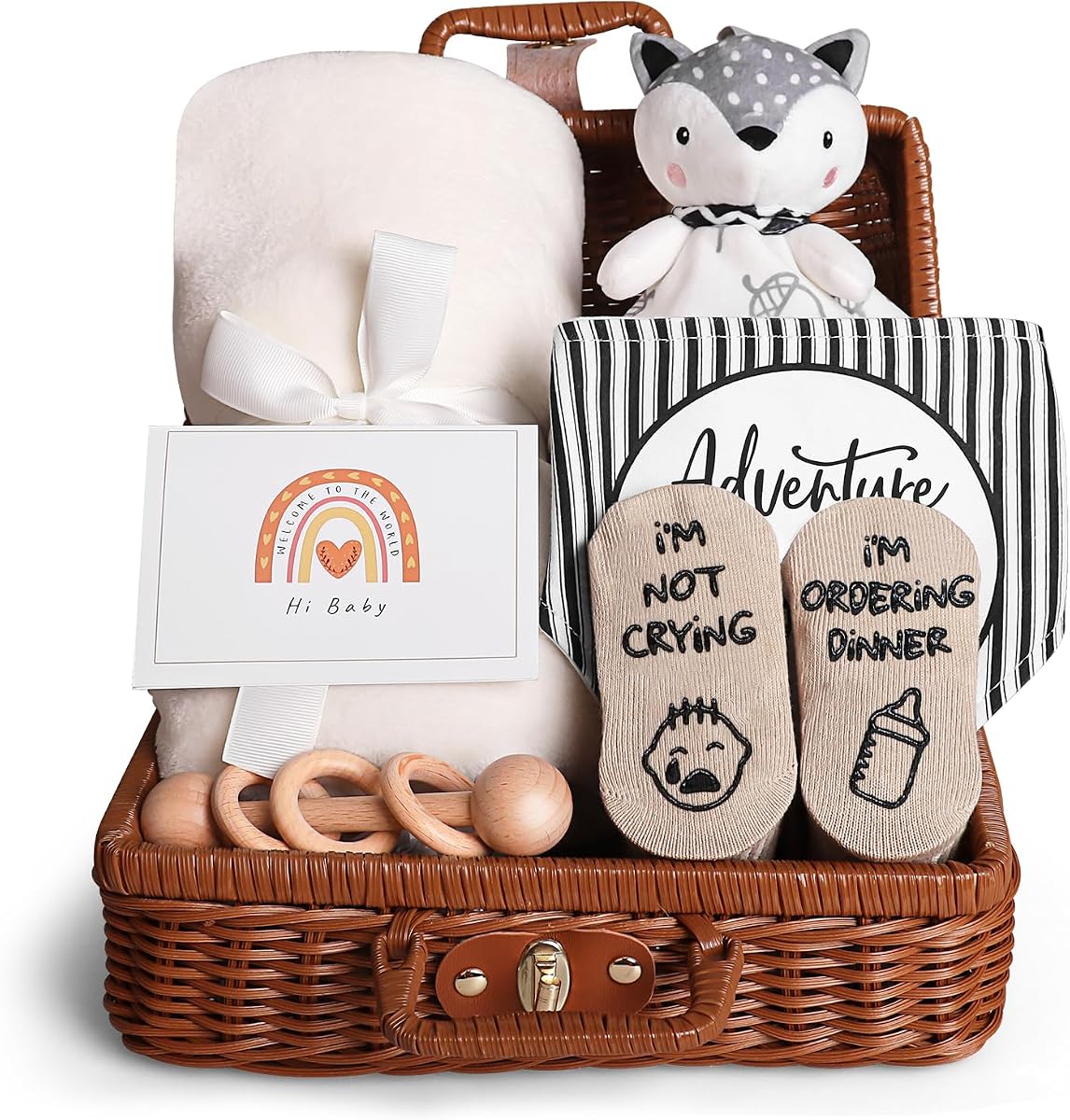 iAOVUEBY Baby Shower Gifts, Baby Gifts for Girls Boys, Unique Baby Gifts Basket Essentials Stuffs - Baby Lovey Blanket Newborn Bibs Socks Wooden Rattle & Greeting Card, Newborn Baby Gift Set