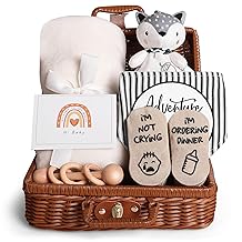 Baby Shower Gifts, Baby Gifts for Girls Boys, Unique Baby Gifts Basket Essentials Stuffs - Baby Lovey Blanket Newborn Bibs Socks Wooden Rattle & Greeting Card, Newborn Baby Gift Set