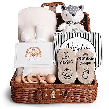 iAOVUEBY Baby Shower Gifts, Baby Gifts for Girls Boys, Unique Baby Gifts Basket Essentials Stuffs - Baby Lovey Blanket Newborn Bibs Socks Wooden Rattle & Greeting Card, Newborn Baby Gift Set