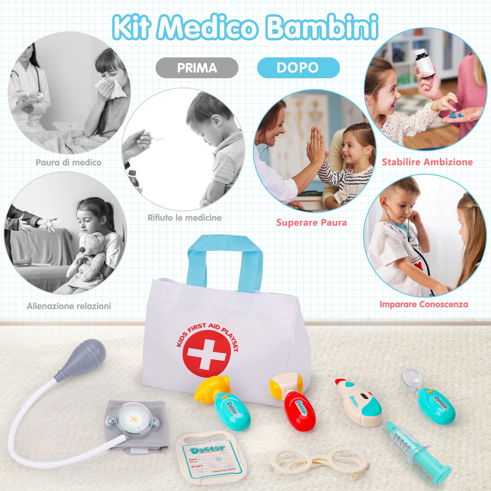 Valigetta medica bambini dai 2 3 4 5 anni in su, con stetoscopio realistico, termometro, giochi di ruolo, giochi di dottorato, kit medico, kit di dottorato, giocattolo a partire dai 3 4 5 anni