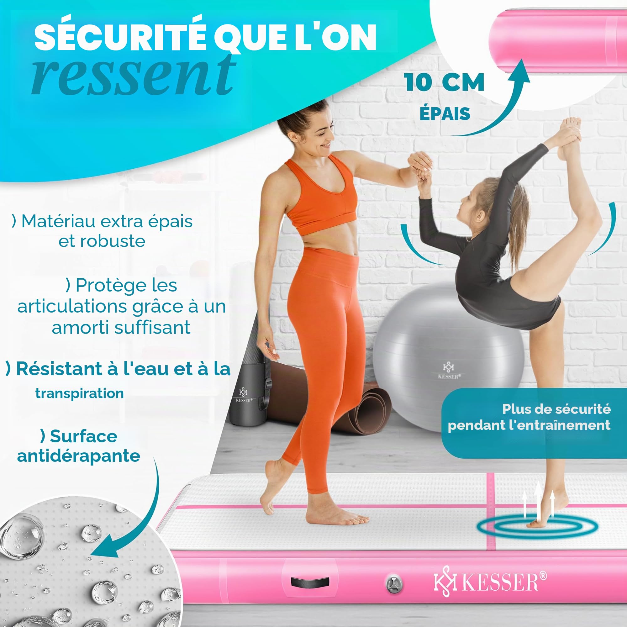 KESSER® Tapis de Gymnastique | Tapis de Fitness Gonflable Airtrack | Tapis de Gymnastique 3/4/5/6 m | Sac de Transport et Batterie électrique