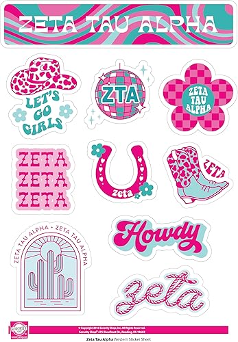 Zeta Tau Alpha - Hoja de calcomanías de vinilo de diseño occidental con diseños con licencia oficial, adhesivo extraíble, 10 calcomanías por hoja,