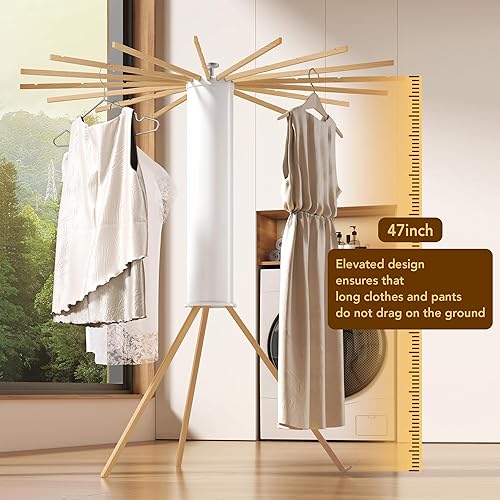 Miniatura 6 de Trípode plegable para secado de ropa, madera de haya y soporte de lavandería portátil, colgador plegable que ahorra espacio con 16 brazos para
