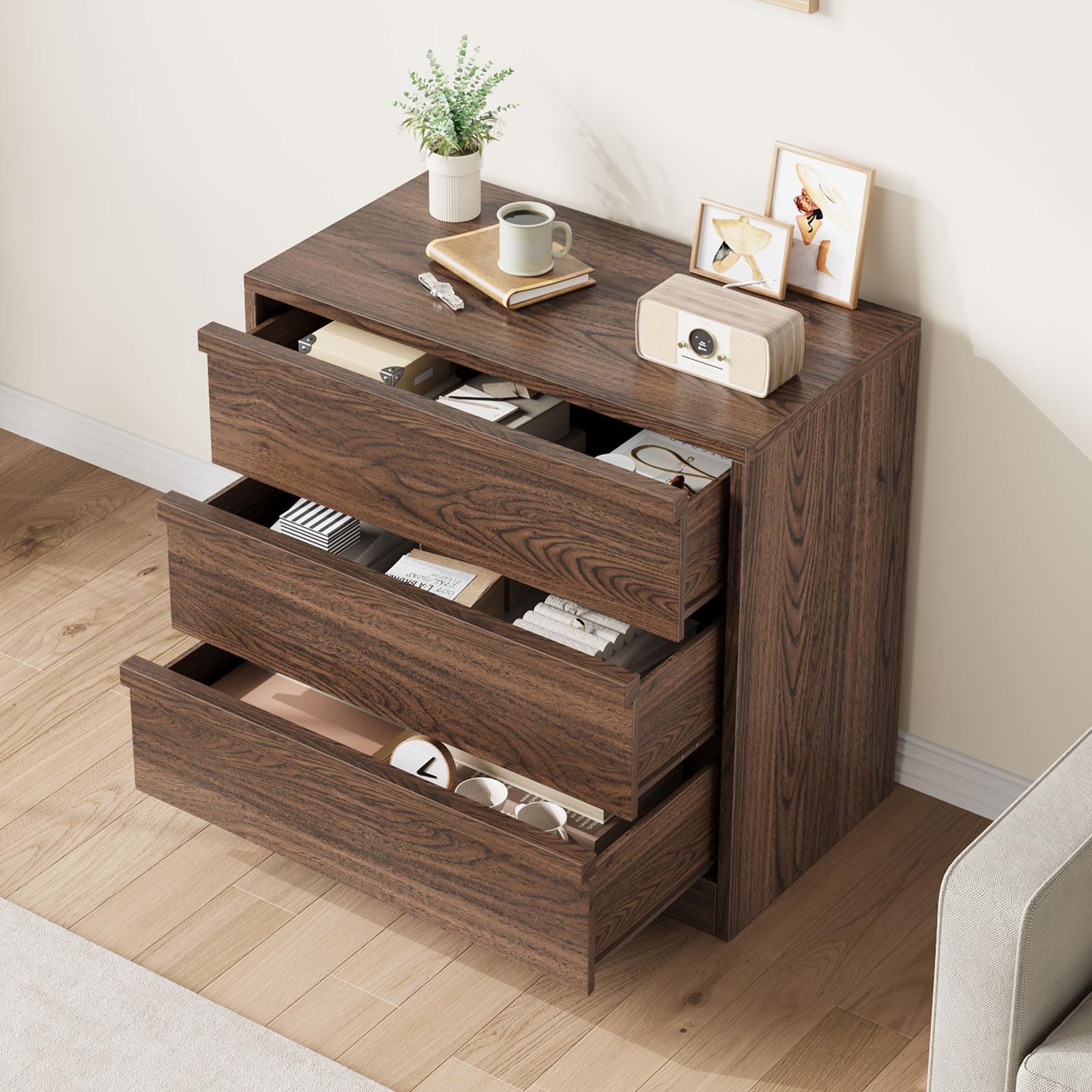 Cómoda 3 Cajones con Tiradores de Madera, Nogal