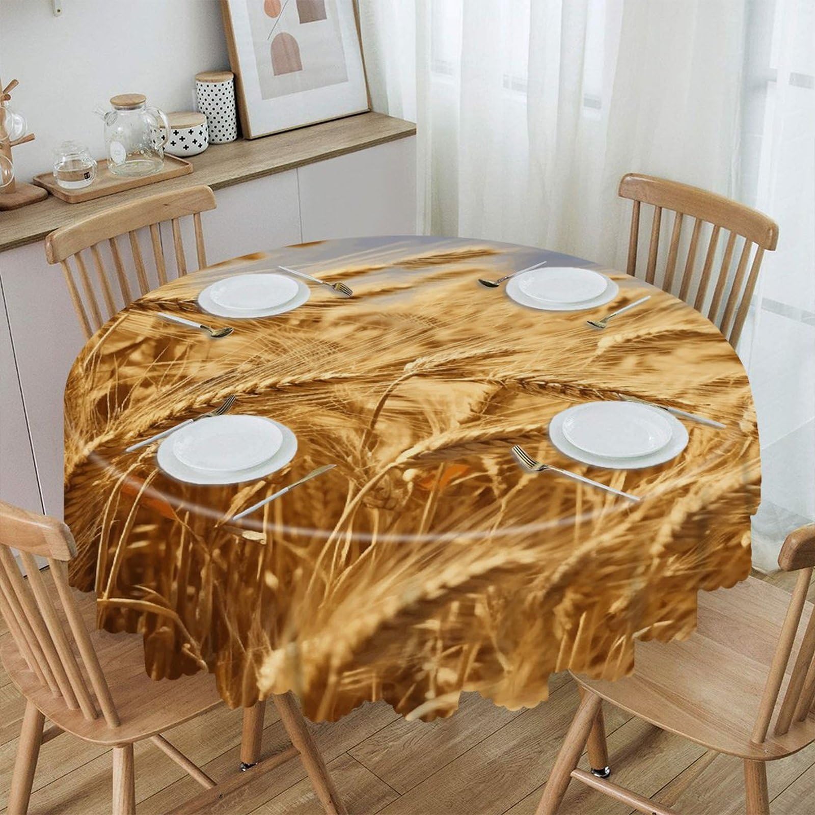 VstaDank Wheat Harvest Round Tablecloth Premium Polyester Table Cloth Heavy Duty Washable Fabric Tablecloth Waterproof Holiday Table Cover Decorative Tablecloths for Dining 60"