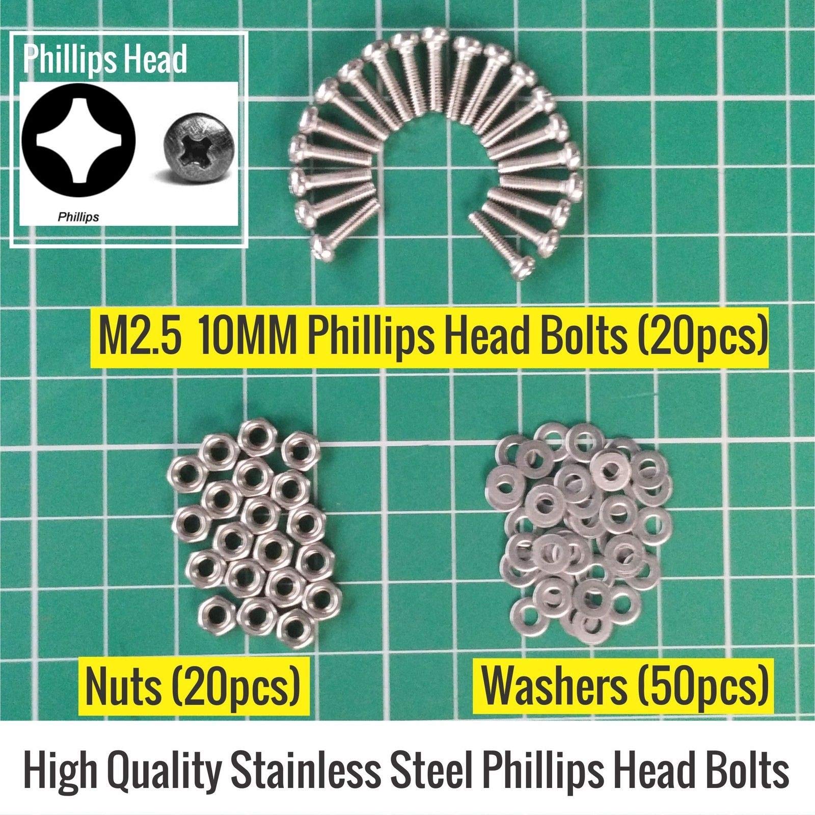 10 MM Metric M2.5 Stainless Steel Phillips Bolt Nuts & Washer set.-image-0