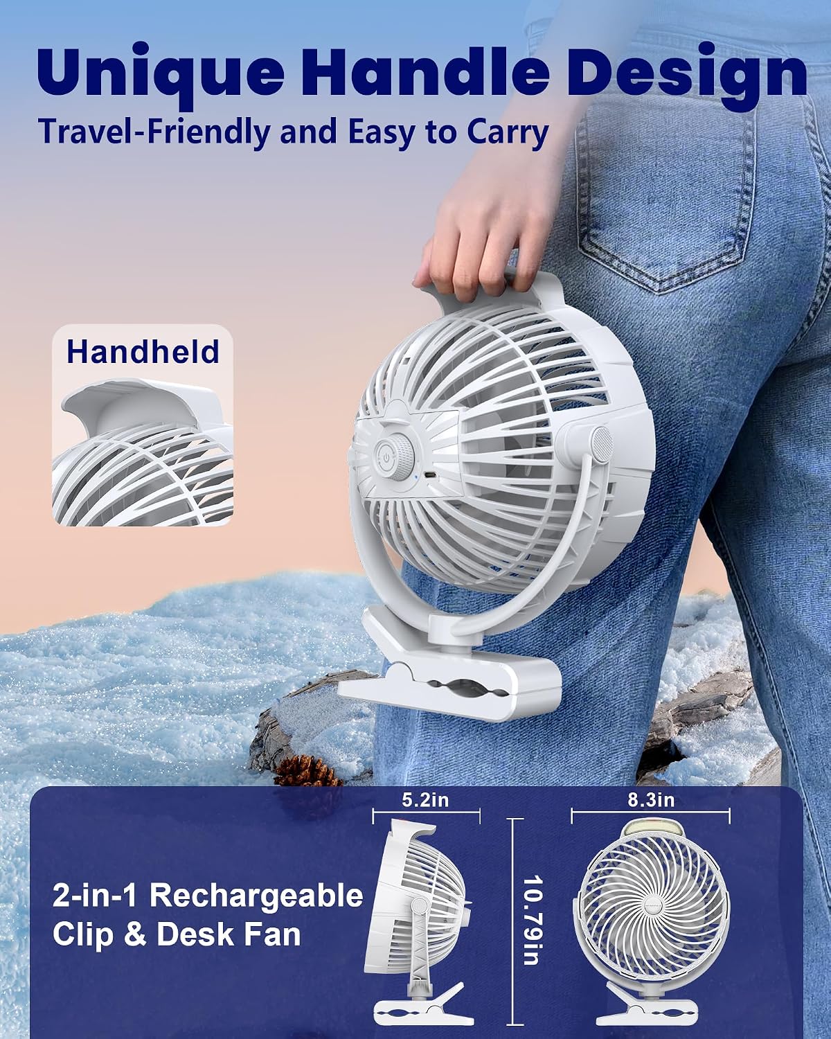 10000mAh Clip on Fan, 8-Inch Golf Cart Fan Rechargeable with LED Light, 9 Speeds Strong Airflow, Ultra Quiet, 30Hrs Runtime, 360° Rotation, Cooling for Bed Camping Office Desk Dorm, White