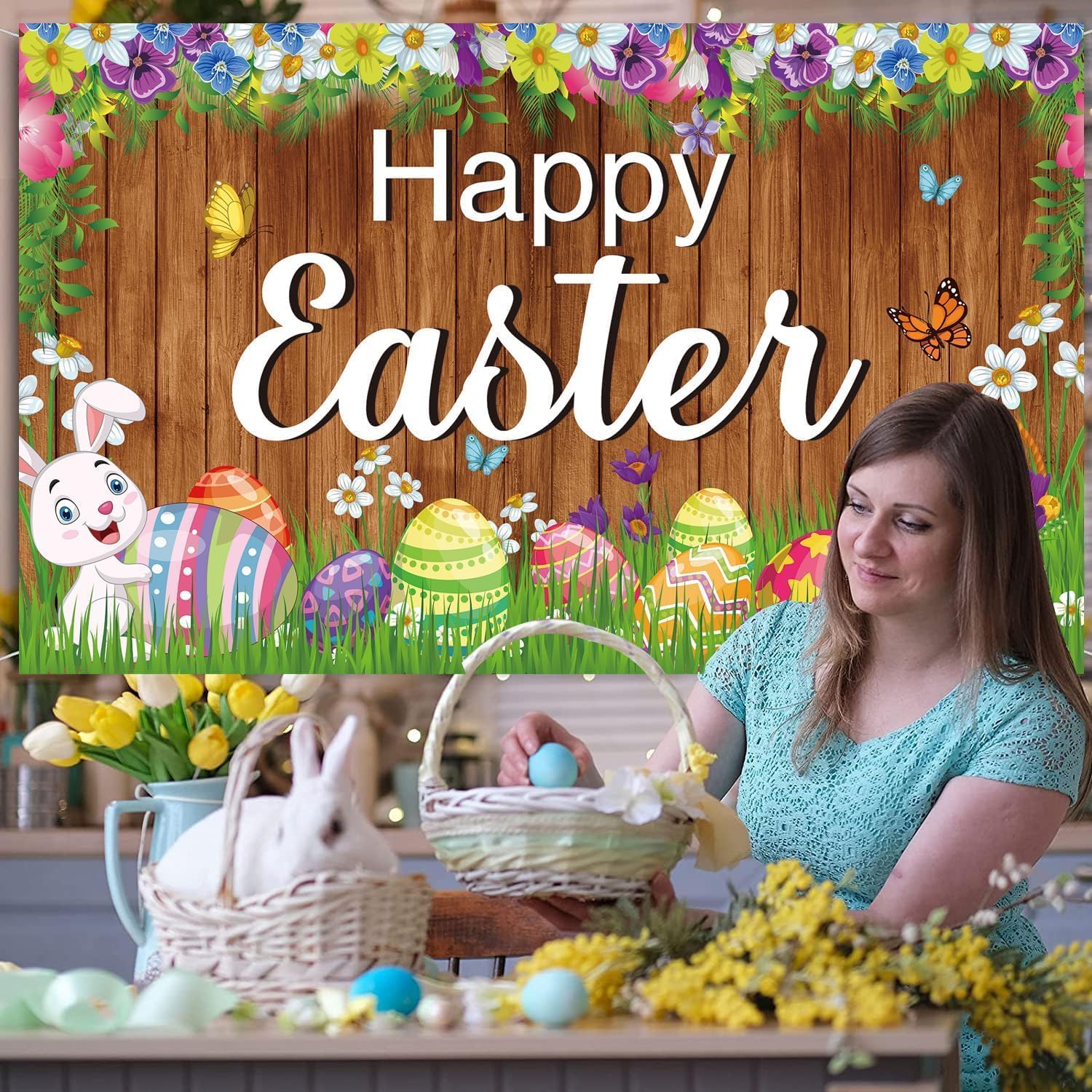 Large Happy Easter Backdrop 71"X43" Happy Easter Banner Happy Easter Decorations Indoor Outdoor Wall Background Party Supplies