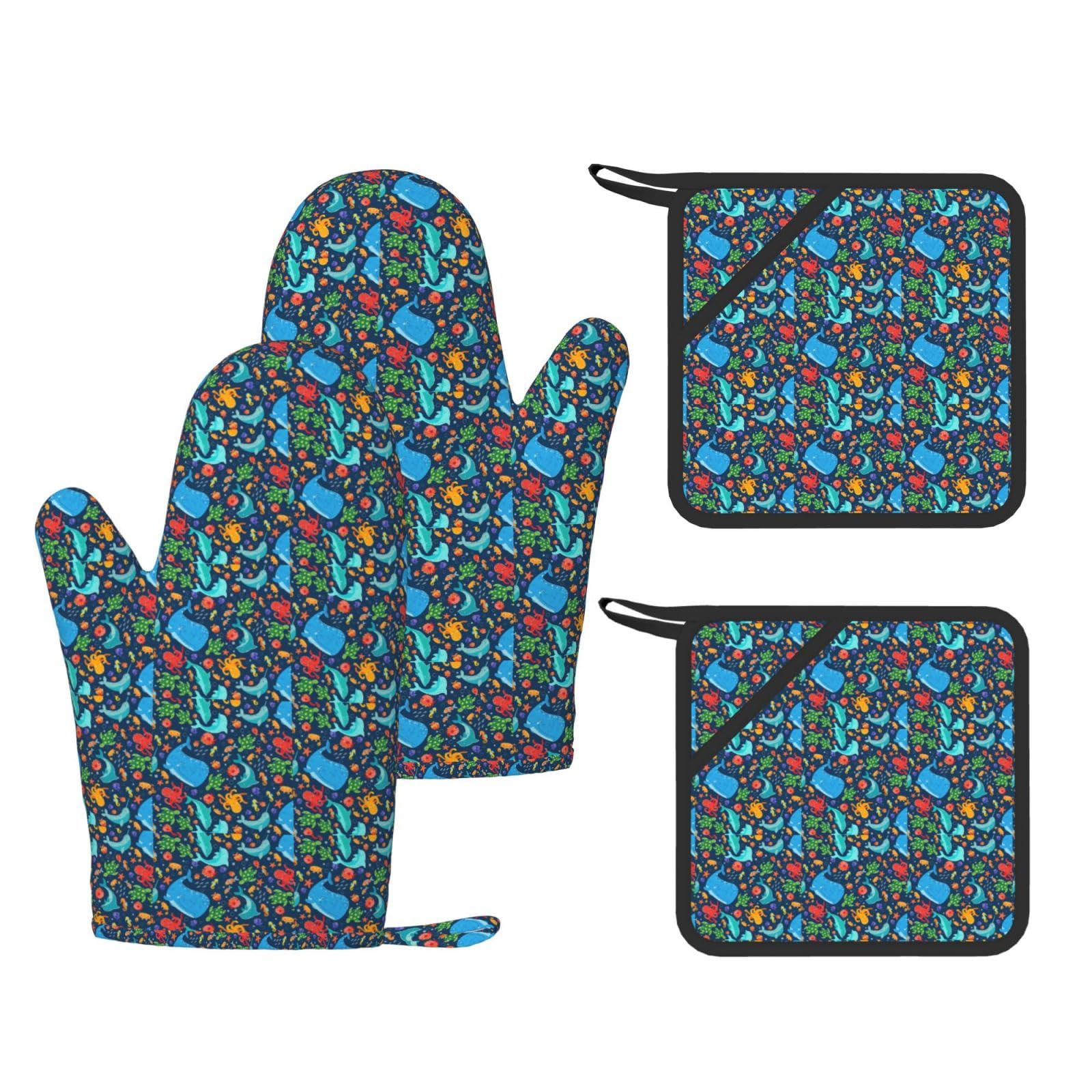 Nimongt Black Ocean Whale Fish Octopus Print Heat Resistant Gloves Pads Reusable Kitchen Set Oven Baking Grilling Cooking