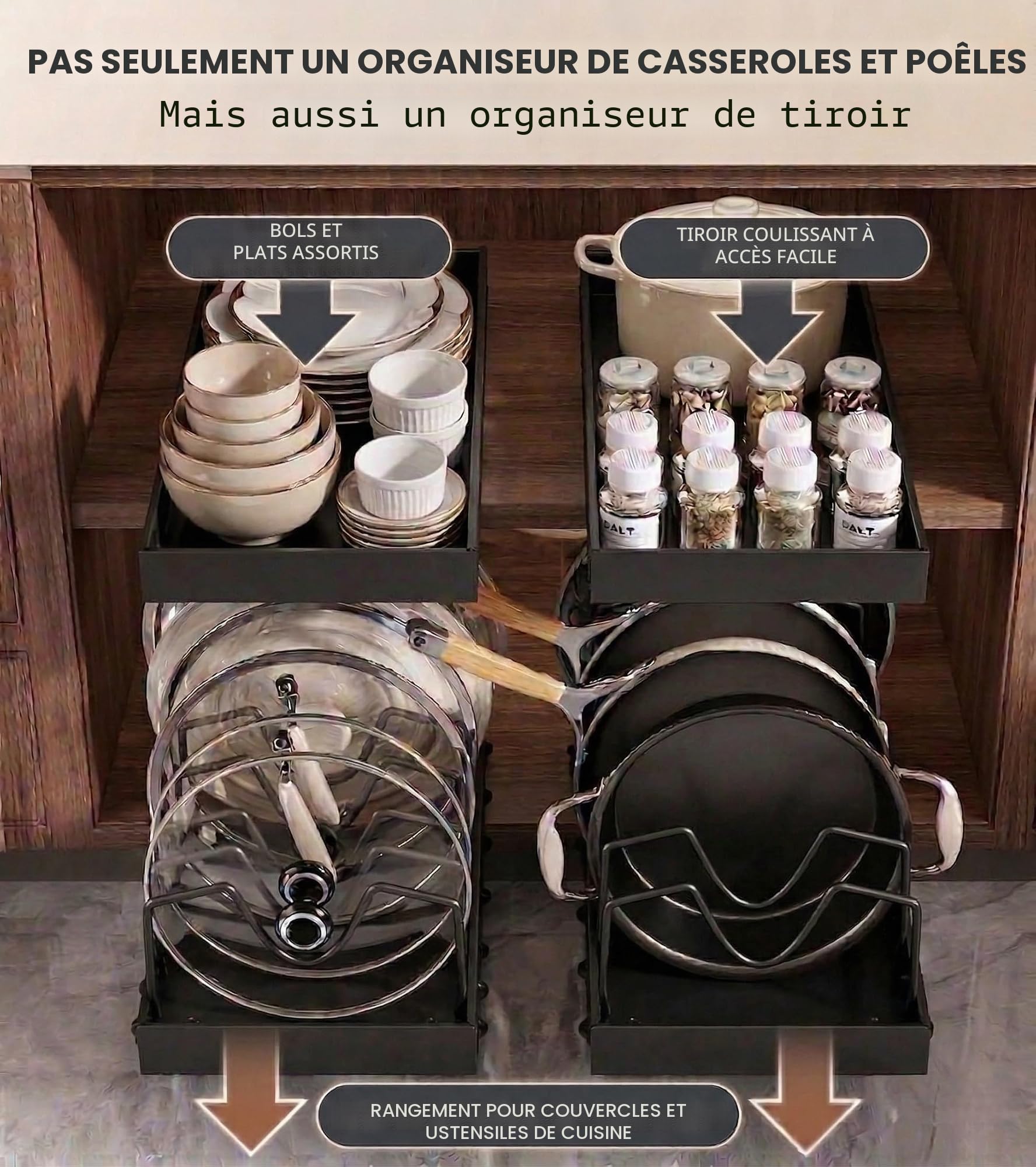 Rangement Poele et Casserole pour Tiroir Cuisine, Organiseur de Poêle avec 8 Compartiments Réglables, Porte-casseroles Support Coulissant, Range Couvercle (2 Pièce，Noir)