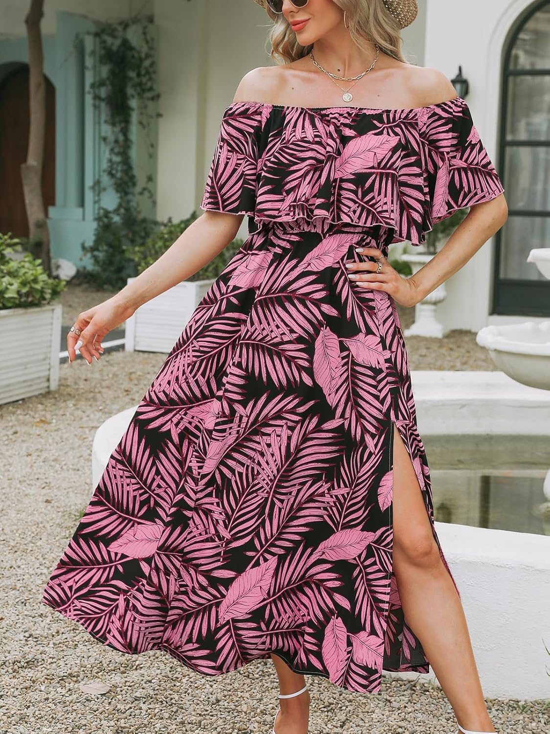 CUPSHE Women Ruffle Floral Maxi Summer Dress Off Shoulder Short Sleeve Backless Flounce Bodice Slit Hem Beach Dresses - Image 4