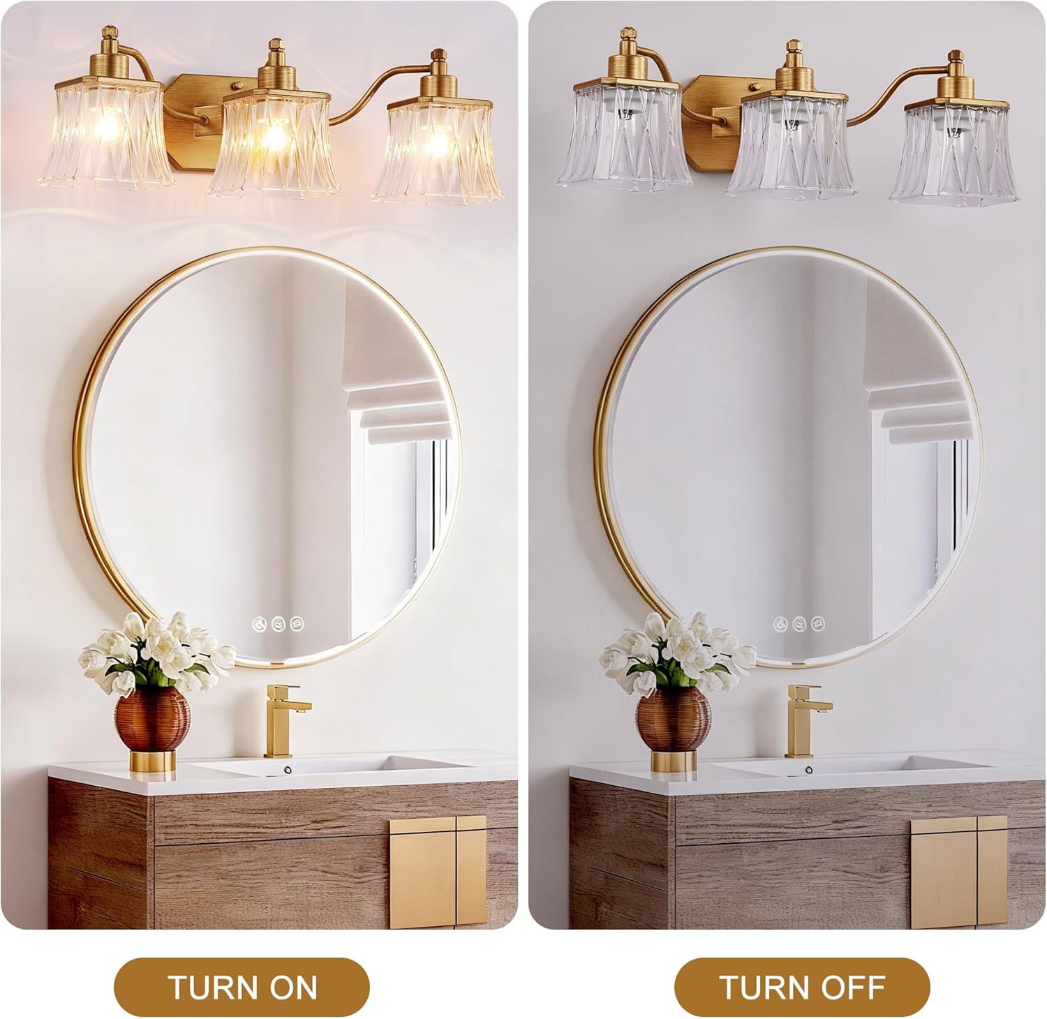 Vintage Bathroom Light Fixtures, 3-Light Gold Vanity Light with Ribbed Crystal Glass Shade, 21.4" Brushed Gold Vanity Lights for Bathroom Bedroom Living Room Hallway, E26 Base