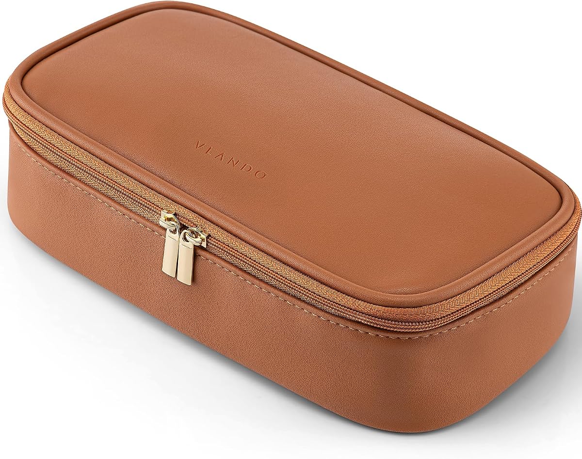 VLANDO Cosmetic Travel Bag with Separate Brush Storage,Brown | PU Leather,Waterproof Toiletry Bag,Travel Pouch Purse for Cosmetics Skincare Organizer,Gifts for Women