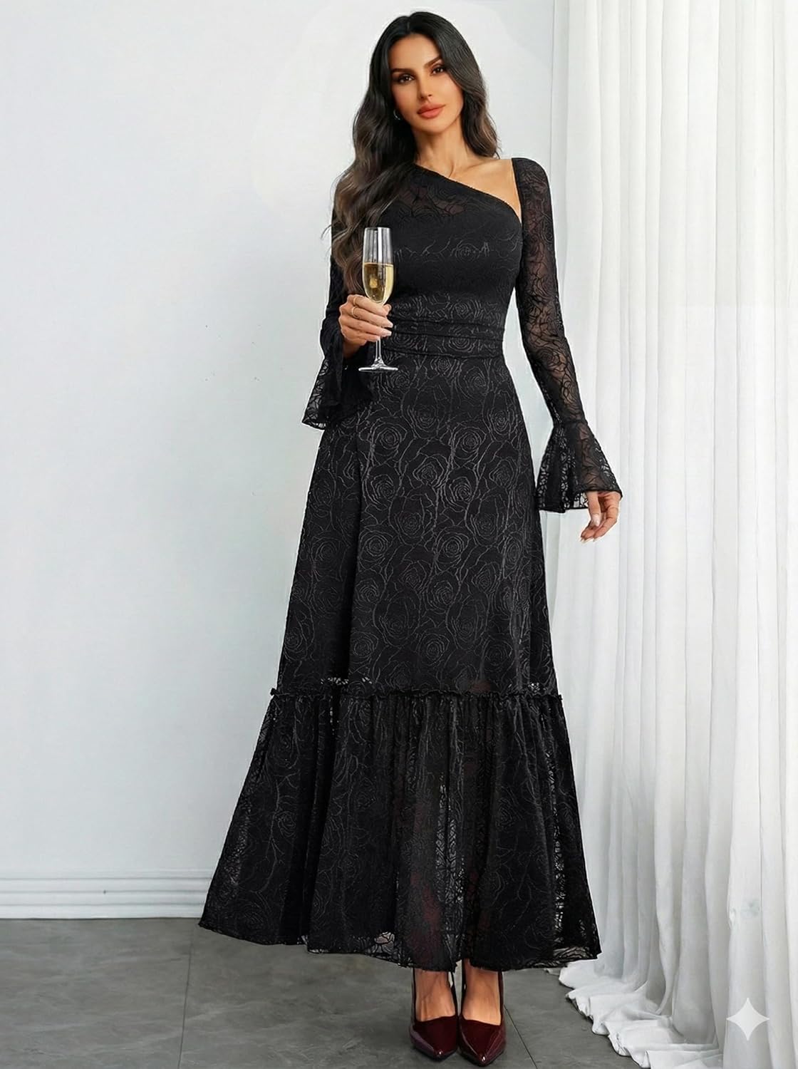 GothDark Women's Maxi Floral Dress A Line One Shoulder Lace Sheer Long Sleeve Ruffle Hem Formal Party Date Night Dress - Image 4