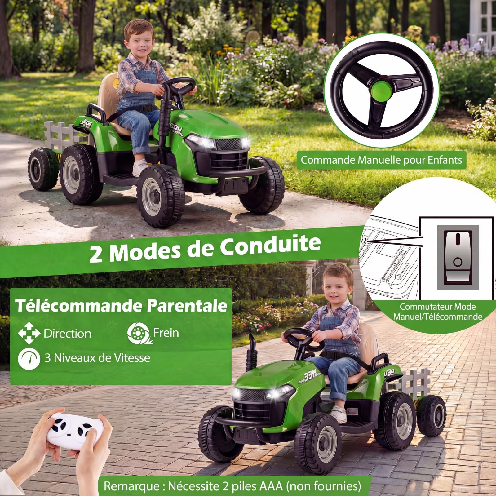 COSTWAY 24V Tracteur Électrique Enfant avec Remorque Amovible et Basculante, Voiture Électrique avec Télécommande 2,4G & Phares LED, Musique, 3,2-7 km/h, Démarrage Lent, Charge 30 kg, 3 Ans+ (Vert)
