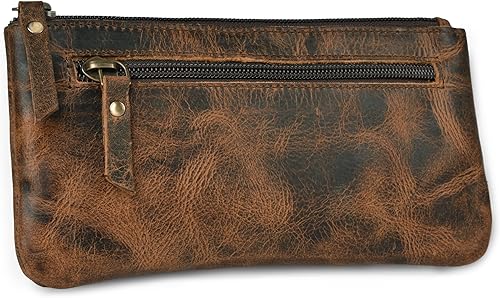 LEATHER VILLAGE Estuche de cuero para lápices, color marrón rústicovintage, 8 x 4 pulgadas, doble bolsillo, elegante y práctico soporte con