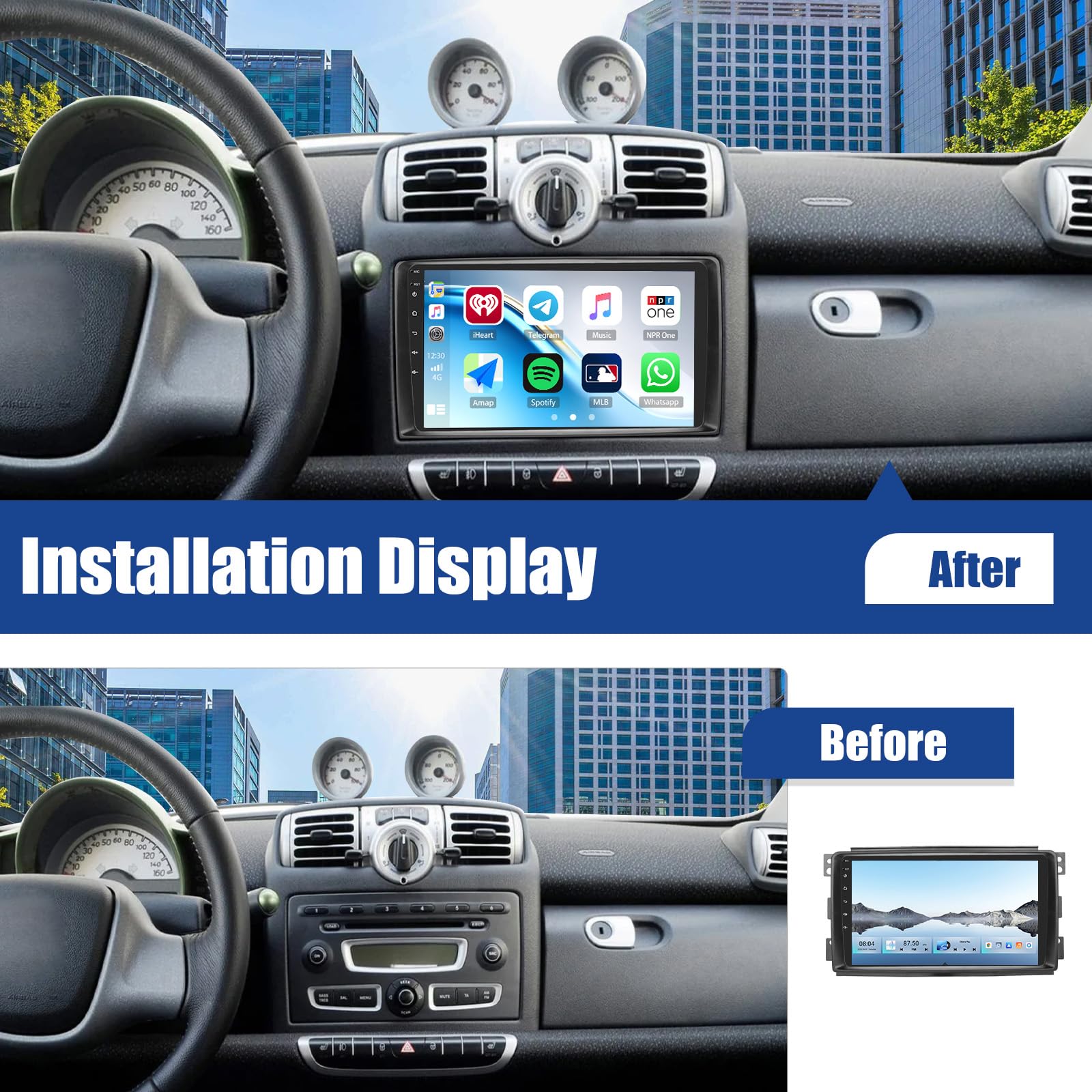 SIXWIN Qualcomm 8 Core 4+64G Android 15 für Mercedes Benz Smart Fortwo 2005-2010 Autoradio mit CarPlay/Android Auto/DSP,9 Zoll Touchscreen mit WiFi6 GPS Bluetooth FM/RDS EQ+Rückfahrkamera