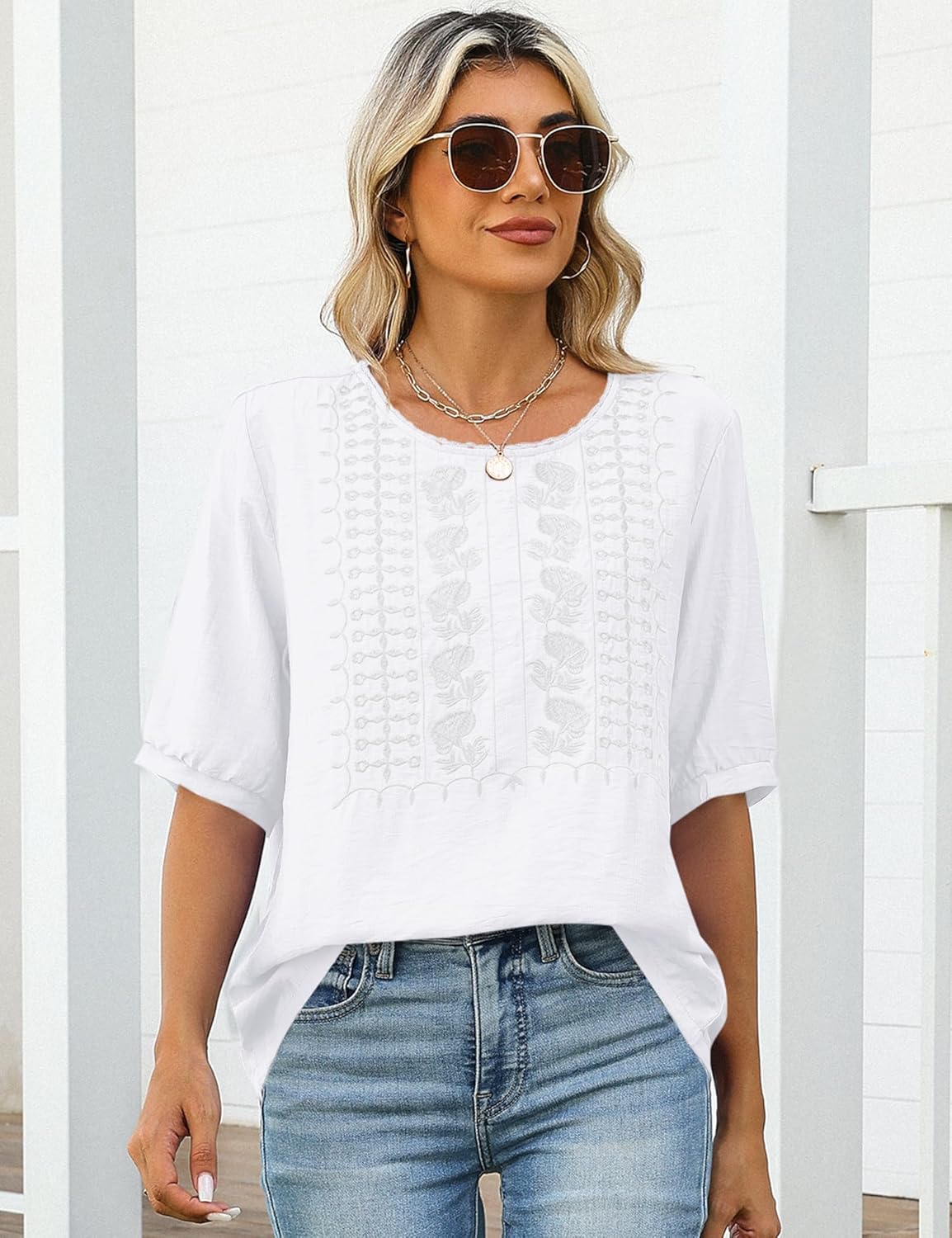 Kistore Women's Embroidered Blouses 2026 Short Sleeve Lace Trim Crew Neck Trendy Casual Tops Pullover Shirts - Image 5