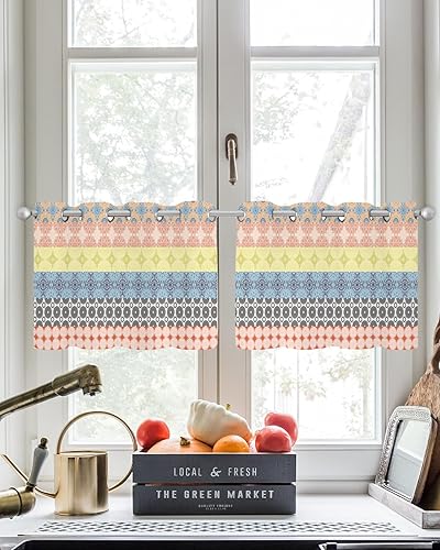Miniatura 3 de Abstract Art Sheer Curtains 24 Inch Length Light Filtering Curtain Panel for Windows, Bohemia Geometric Patterns Layered Tiled Grommet Semi Sheer
