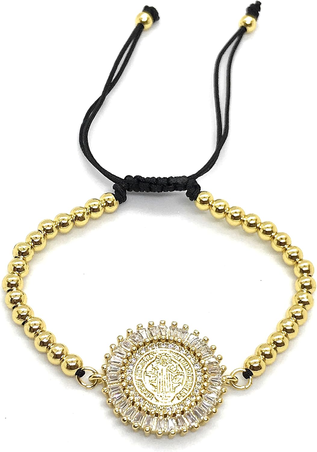 LESLIE BOULES Saint Benedict Gold String Bracelet 18K Plated Ball Chain Adjustable