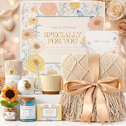 Get Well Soon Gifts Baskets for Women, Spa Self Care Gifts, Thinking of You Gift, Relaxing Sunflower Gift Basket for Her Friends Birthday Valentines Day Mothers Day Luxury Gifts, Khaki