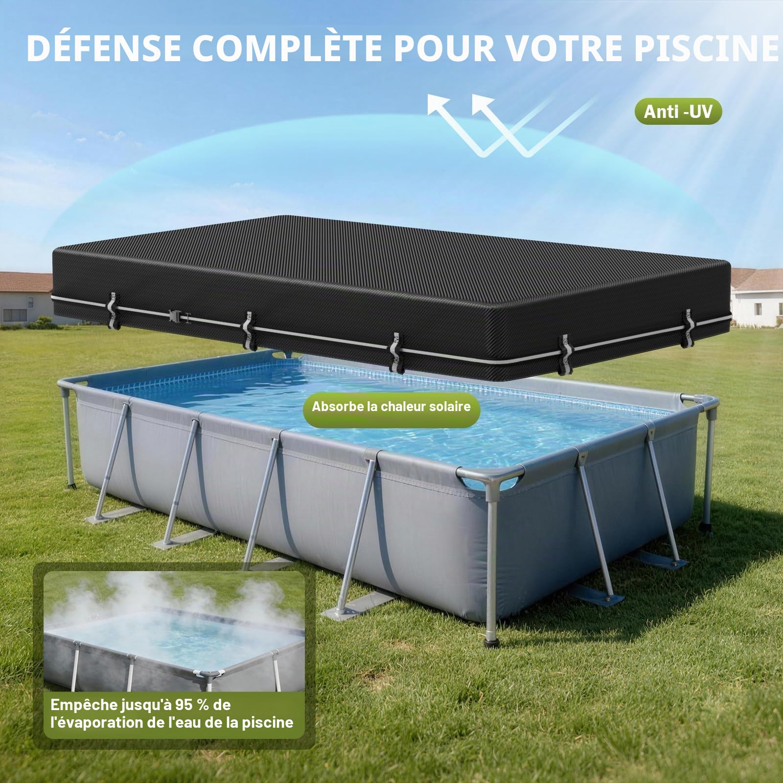 Bâche de Piscine rectangulaire 2,4 x 4,3 m pour Piscine Hors Sol, bâche Solaire avec Boucle Coupe-Vent intégrale, Housse d'hiver idéale imperméable et Anti-poussière