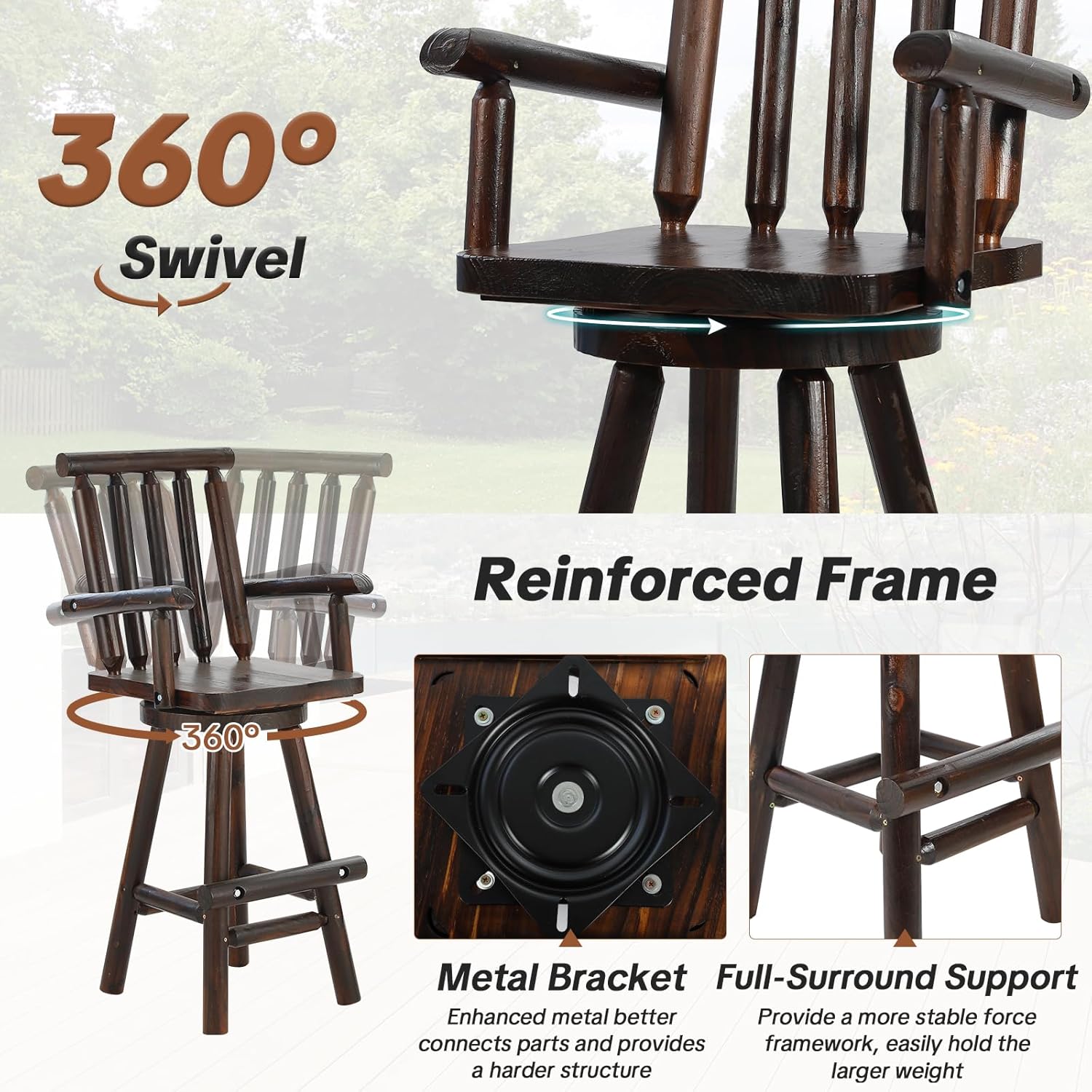 HOMEDIARY 3 Piece Outdoor Swivel Adirondack Bar Set, 41.9" Patio Log Bar Height Table & 2 Bar Stools with High Back, 500 LBS Heavy Duty Wooden Bar Stools Set for Deck Pub Garden Backyard, Carbonized