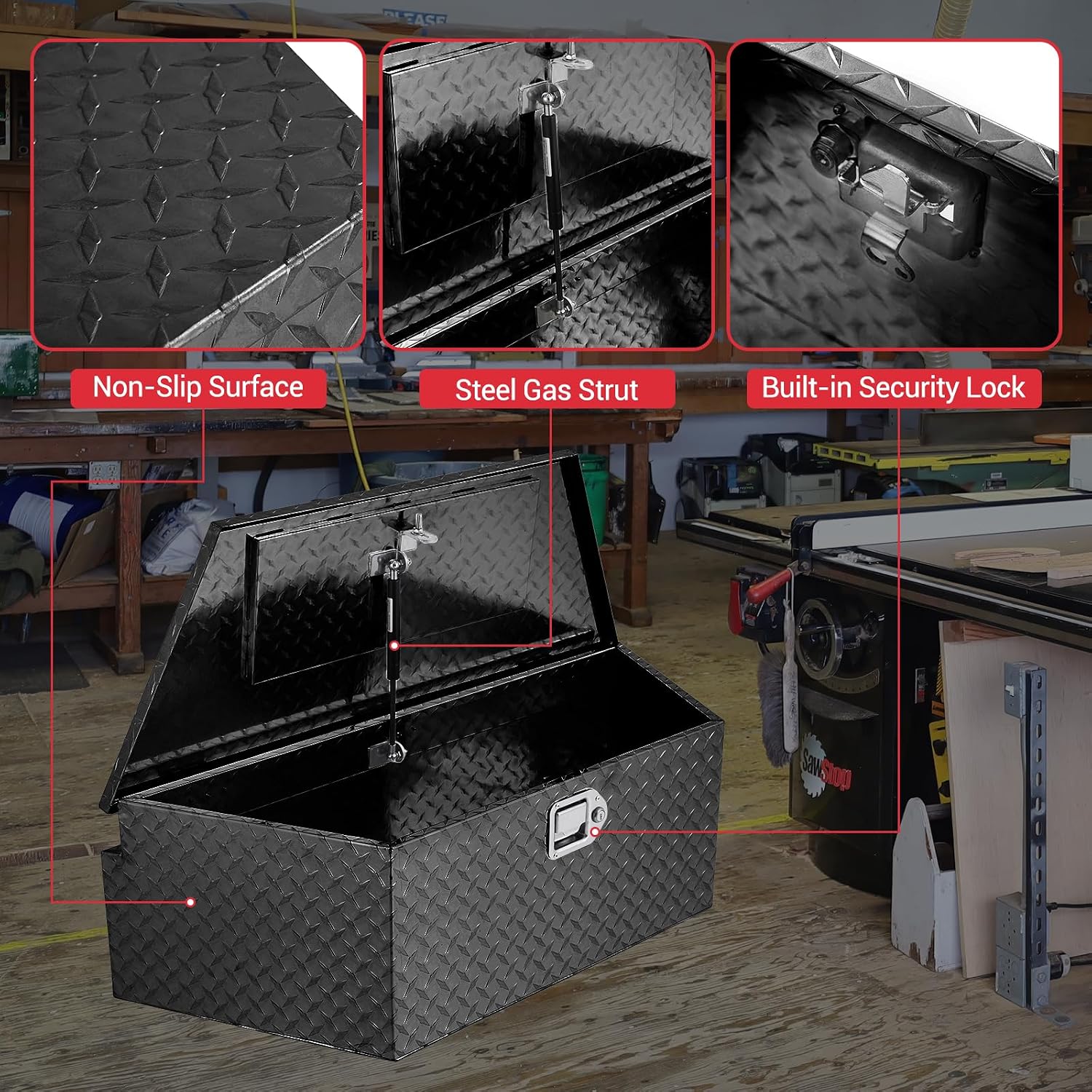 33" Aluminum Trailer Tongue Tool Box, Diamond Plate Waterproof Truck Bed Storage Box with Lock, for Pickup, RV, Utility Trailer, Black