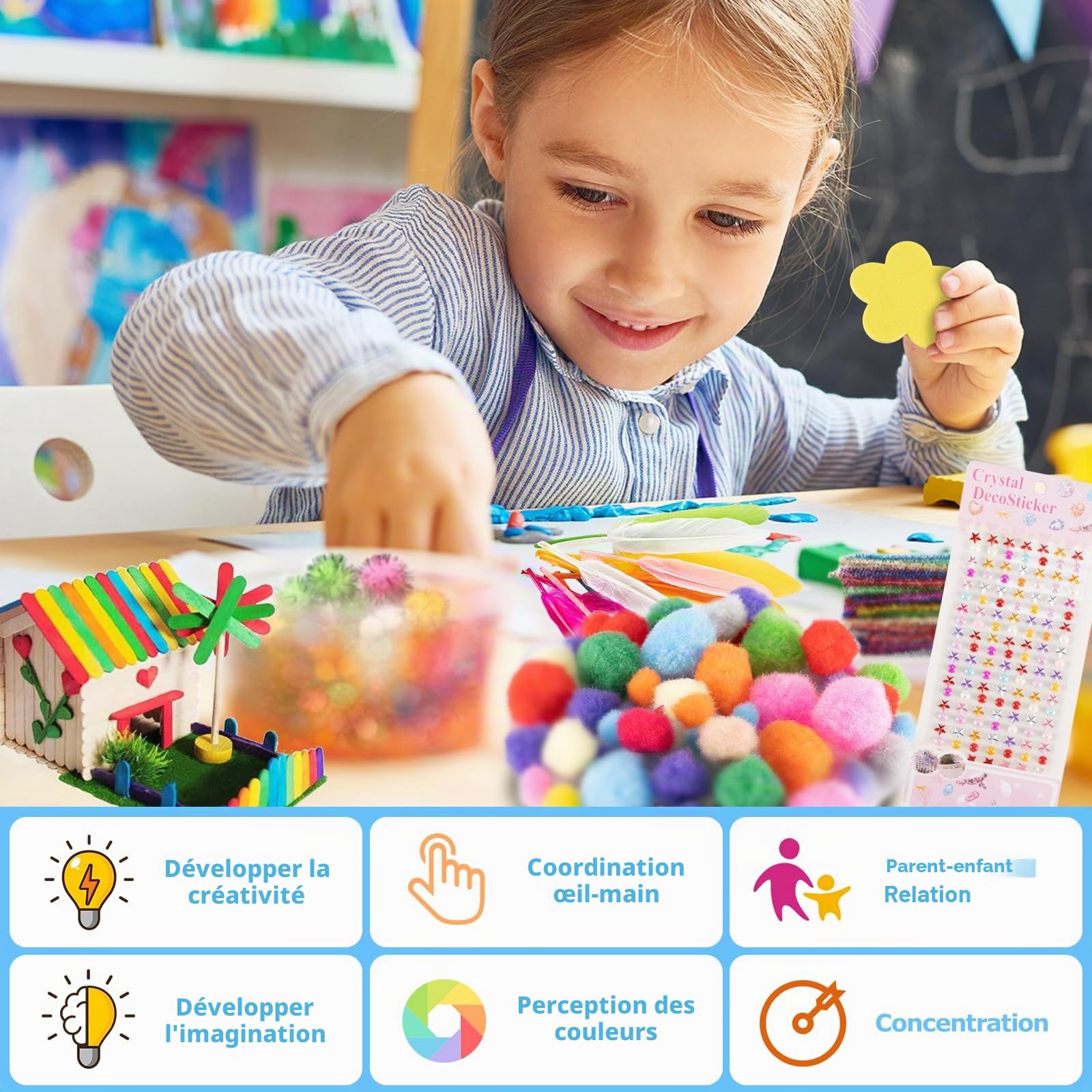 Carehabi Mallette de bricolage pour enfants, 1800 pièces, kit de bricolage pour enfants, accessoires de bricolage, scrapbooking, cure-pipes, pompons, plumes, perles, yeux mobiles, paillettes