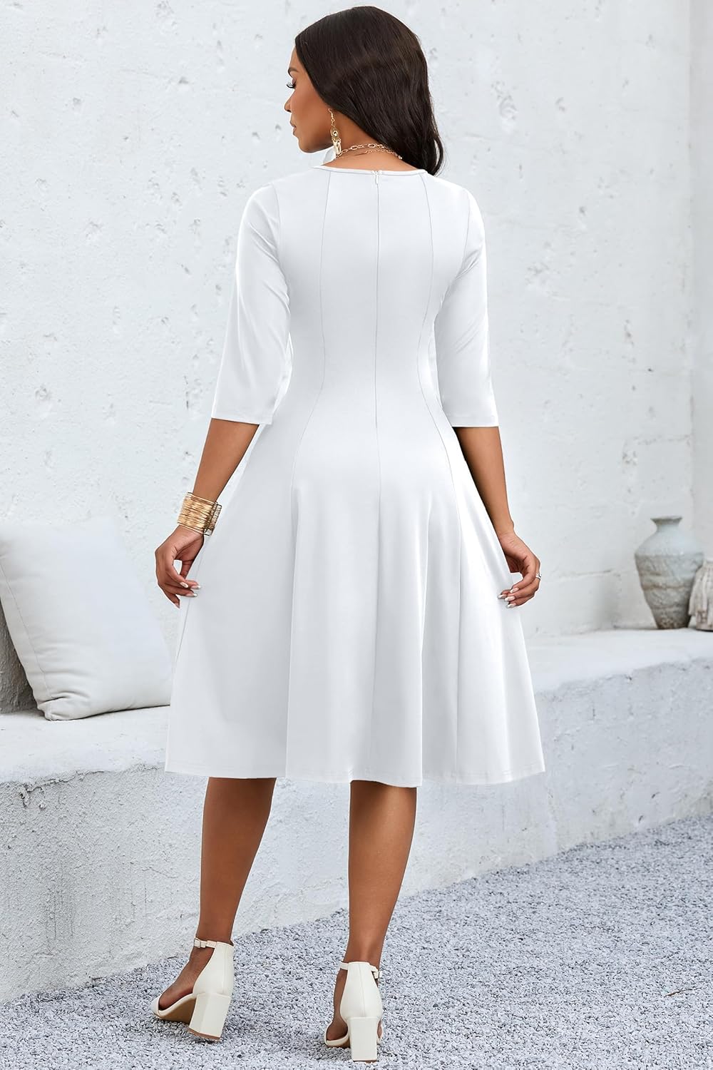 CLOCOR Casual Midi Dresses for Women A-Line Fit and Flare Elegant Church 3/4 Sleeve Crew Neck Dress with Pocket - Image 5