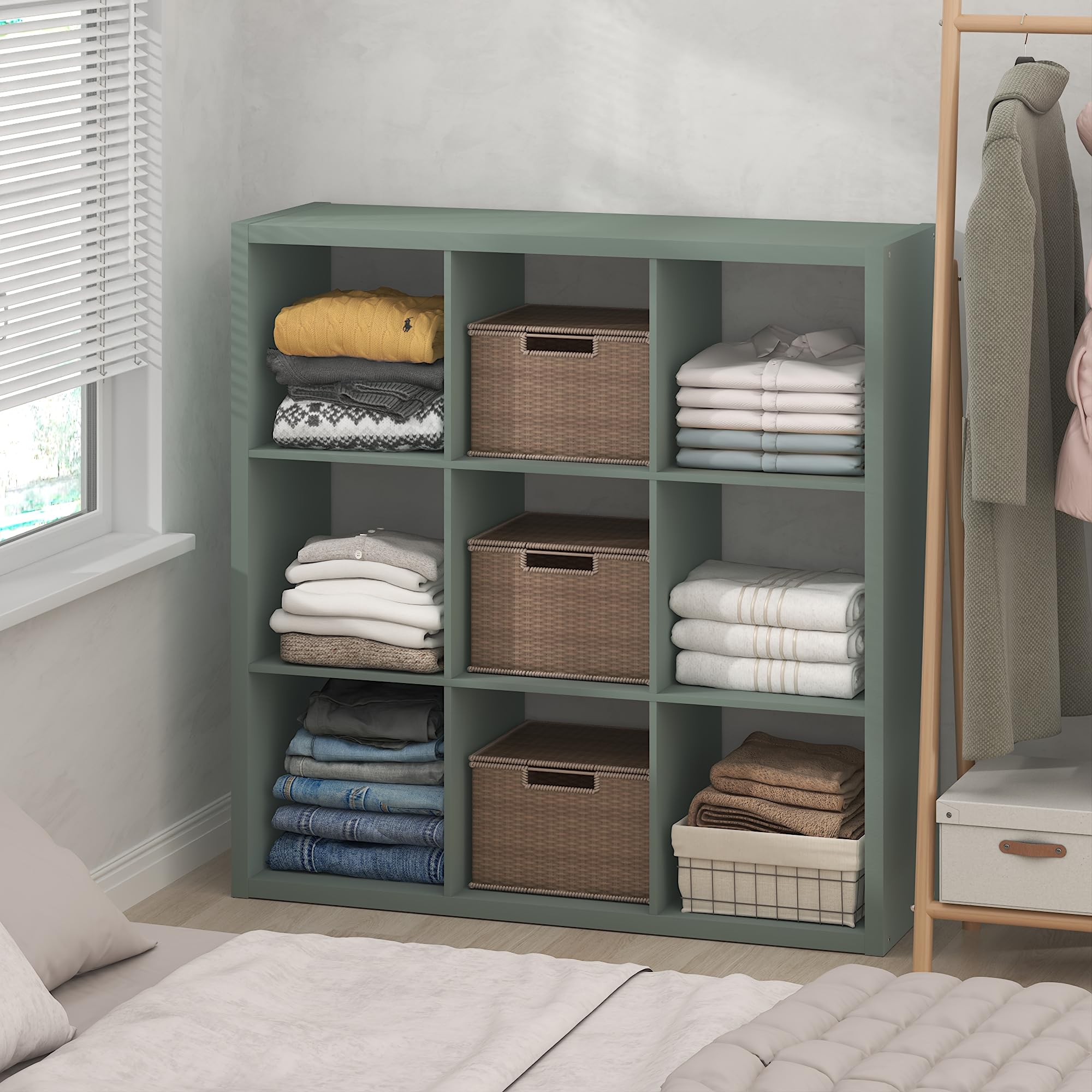Furinno Cubic Extra Thick 9-Cube Closet Organizers and Storage, Sage Green