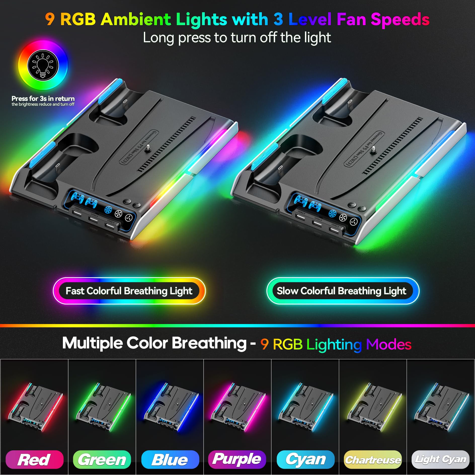Supporto PS5 Slim con Ventola di Raffreddamento, Staffa per PS5, Base Ricarica Controller PS5, PS5 Accessori per PS5 Slim/P5 Digital Edition e Disc Edition