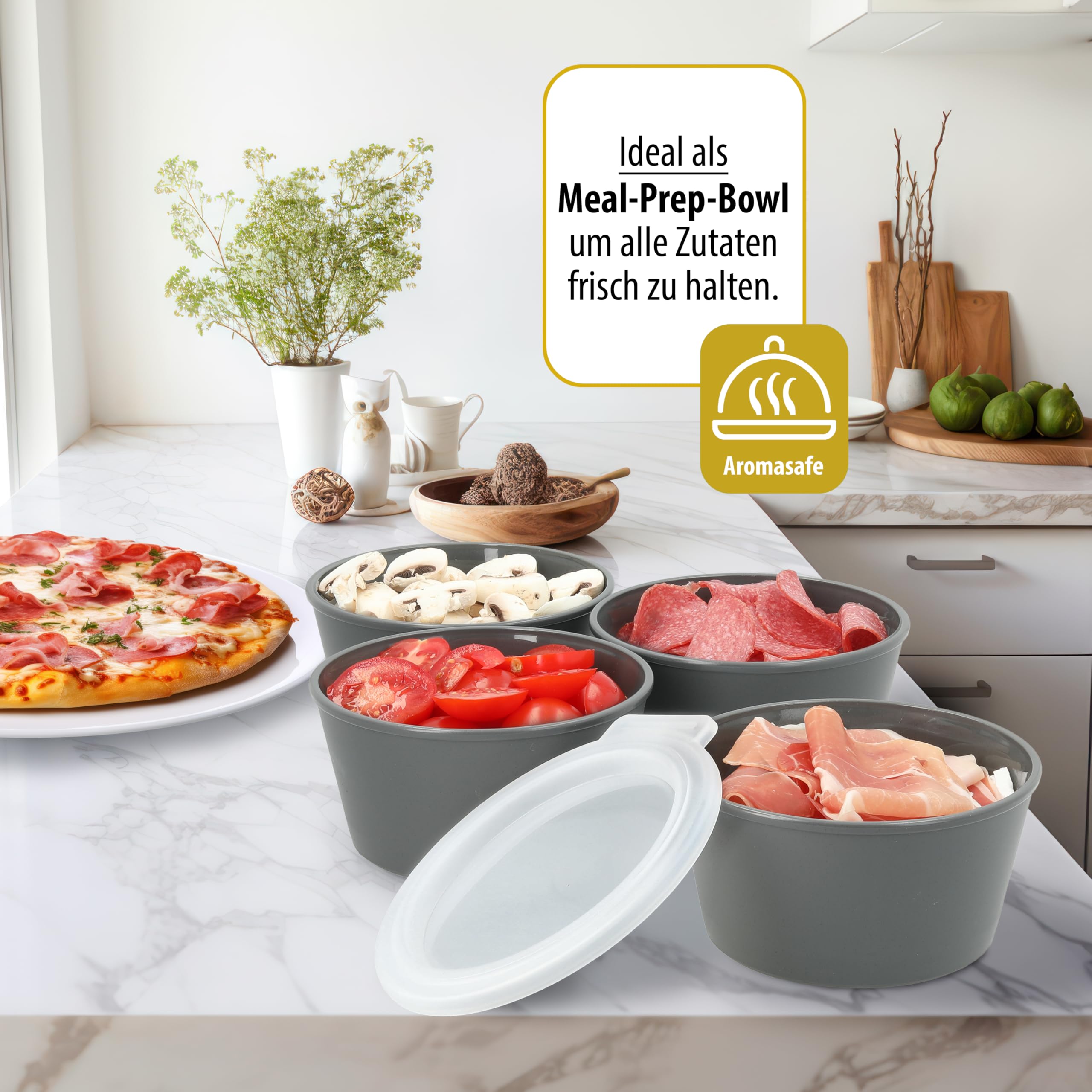Pizzaballenbox 6er-Set – Teigboxen aus recycelbarem Bio-Kunststoff mit Deckel – stapelbare Gärboxen für Pizzateig, Sauerteig und Zutaten – Made in Germany