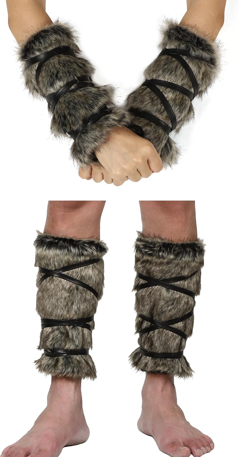 sy soul young Viking Faux Fur Arm Warp Band And Viking Fur Leg Warmers Furry Boot Cuffs Covers Cosplay Warrior Costume Set